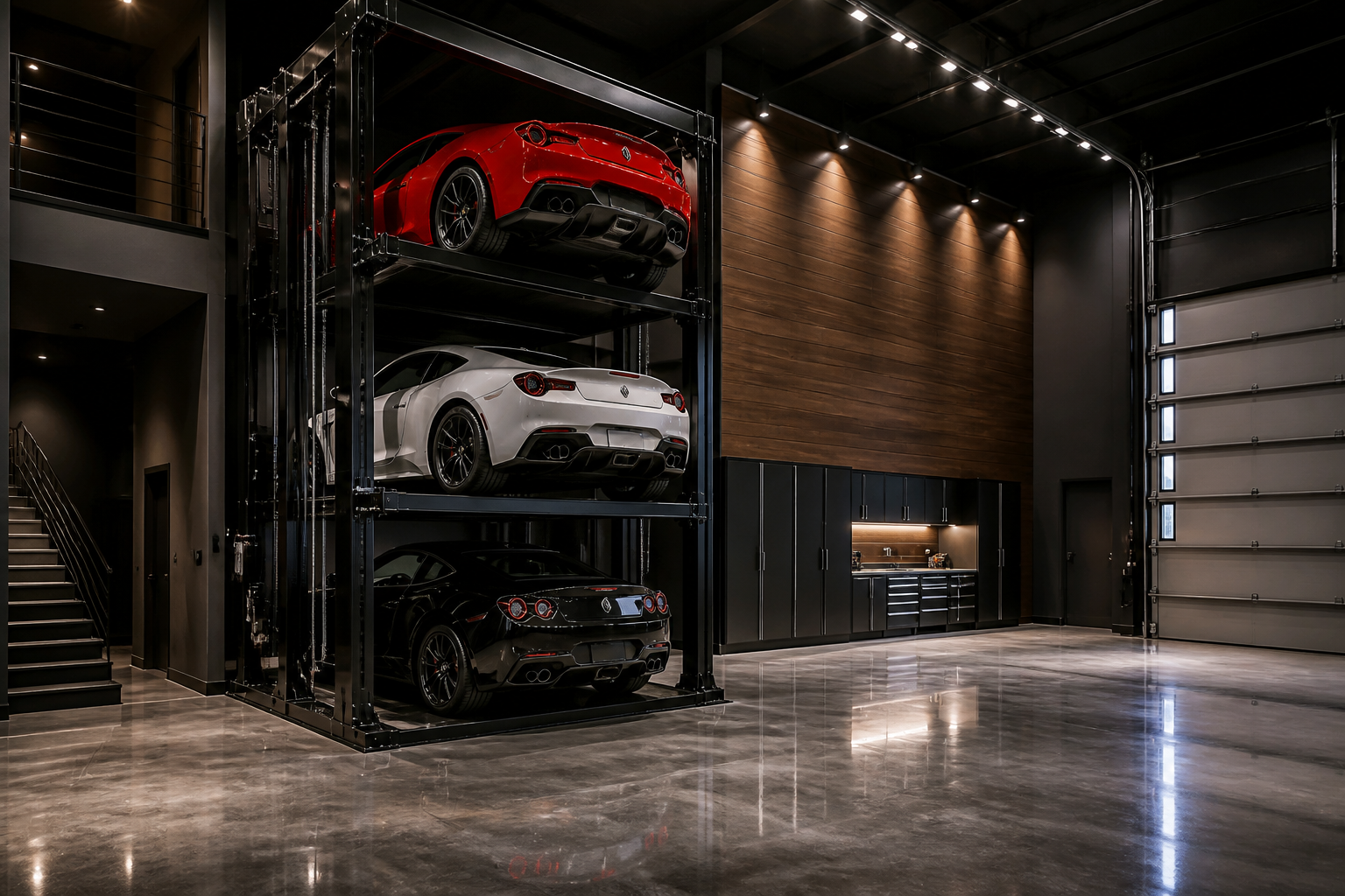 Triple-stack vertical car lift with three sports cars stacked from floor to ceiling in residential garage
