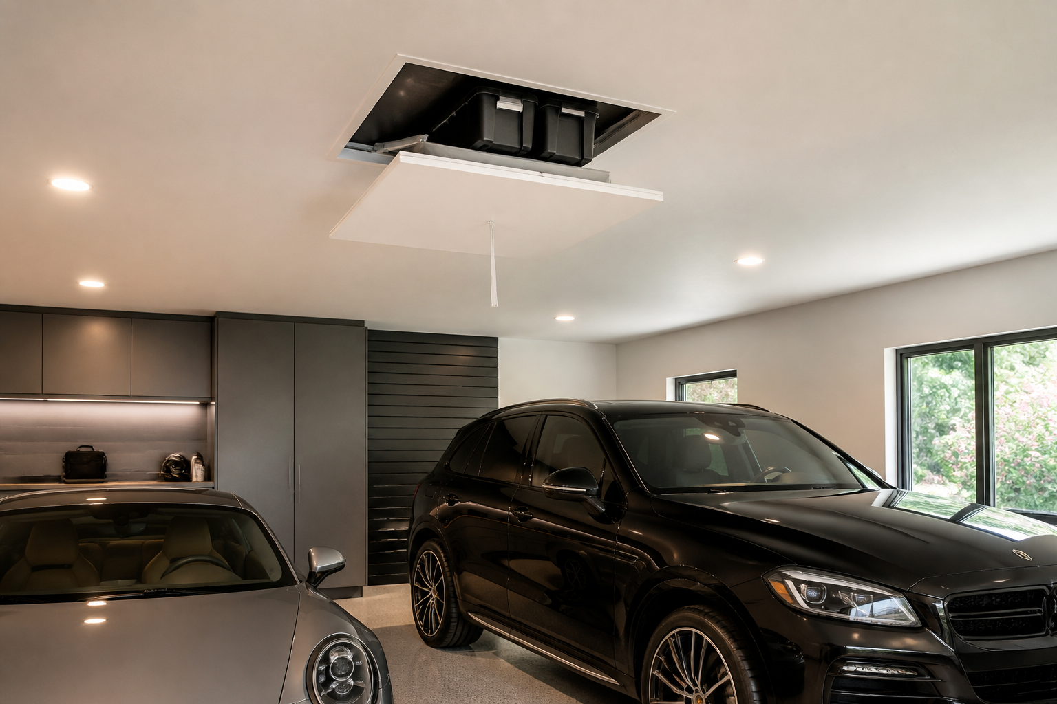 White flush-mount ceiling access panel painted to match drywall with hidden storage cavity
