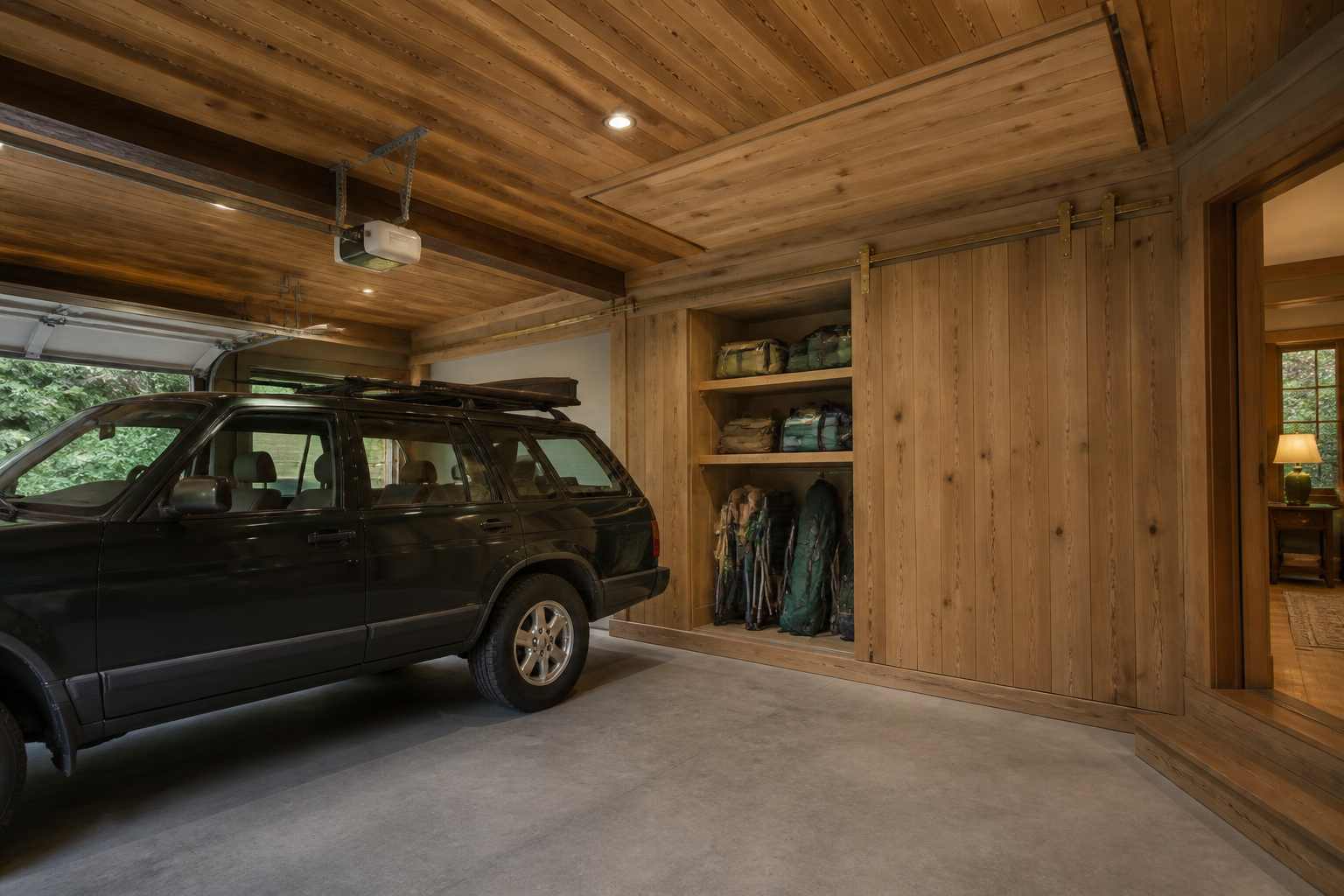 Tongue and groove wood ceiling with sliding panel revealing integrated storage compartment