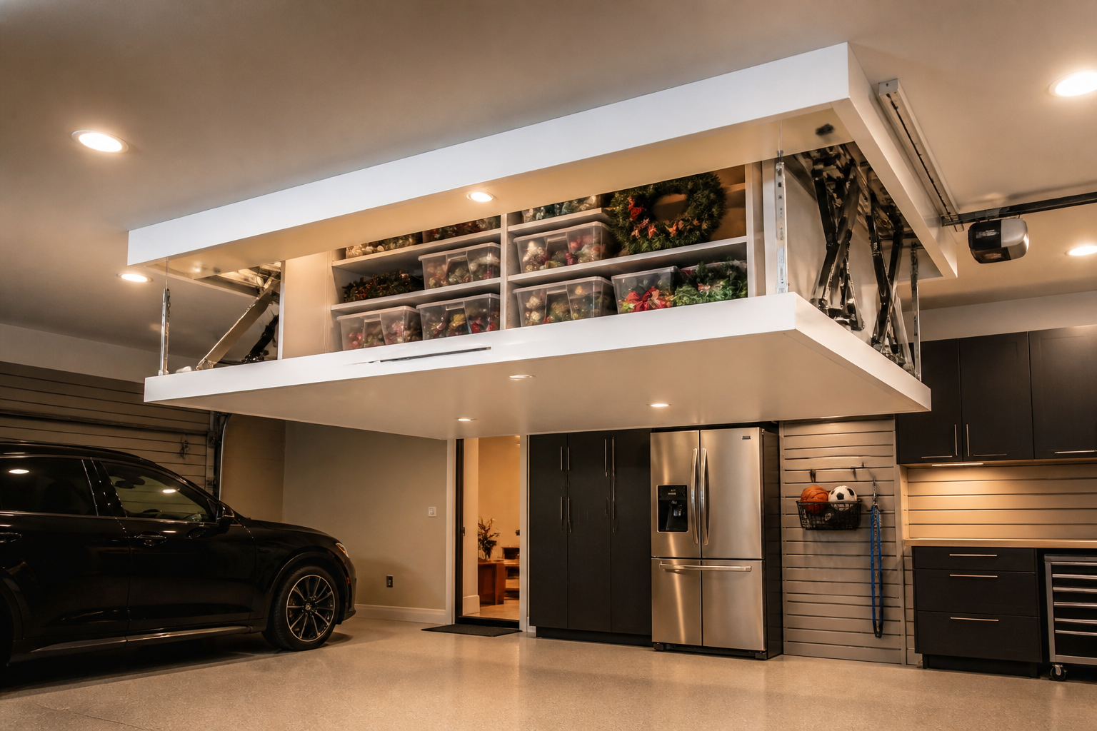Motorized drop-down ceiling storage panel with hydraulic arms revealing shelving inside
