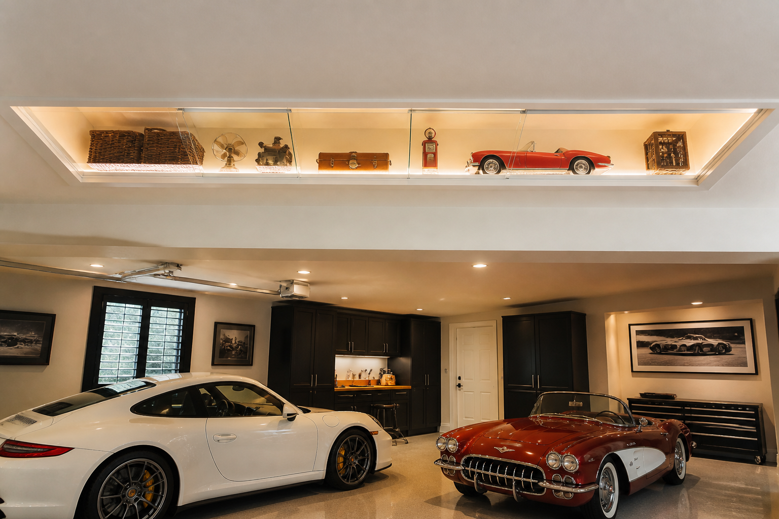 Recessed ceiling niche with LED lighting and glass sliding doors displaying storage baskets