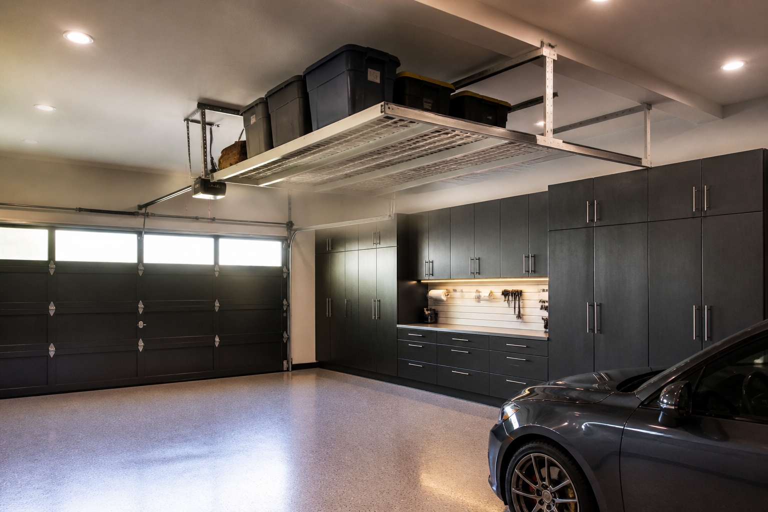 White retractable ceiling storage platform on tracks sliding out from wall-mounted position