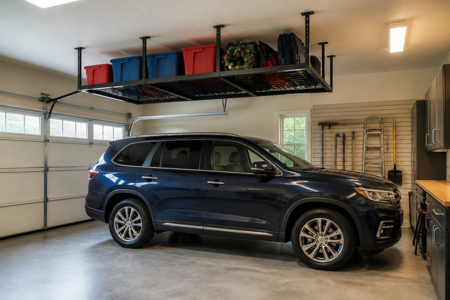 Heavy-duty black ceiling rack above parked SUV holding seasonal storage totes and outdoor equipment