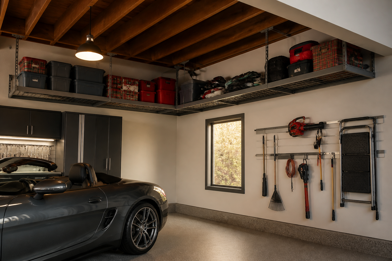 L-shaped corner ceiling rack in garage storing holiday boxes and winter sports equipment