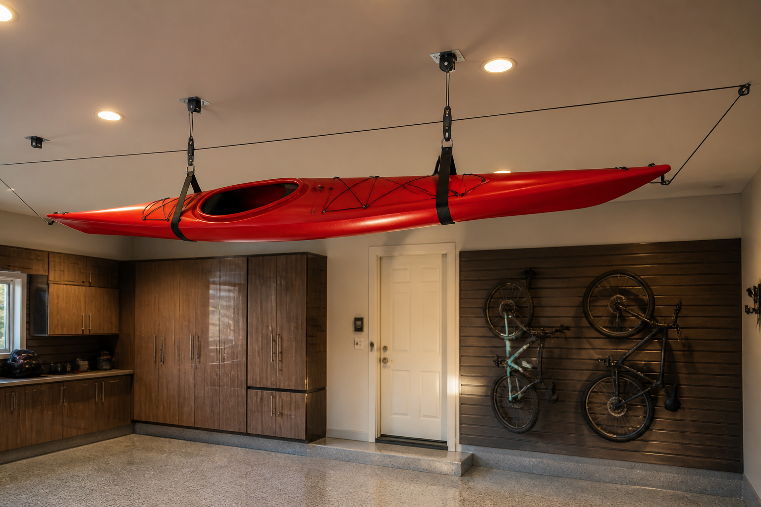 Red kayak hanging from four-point pulley hoist system in garage ceiling
