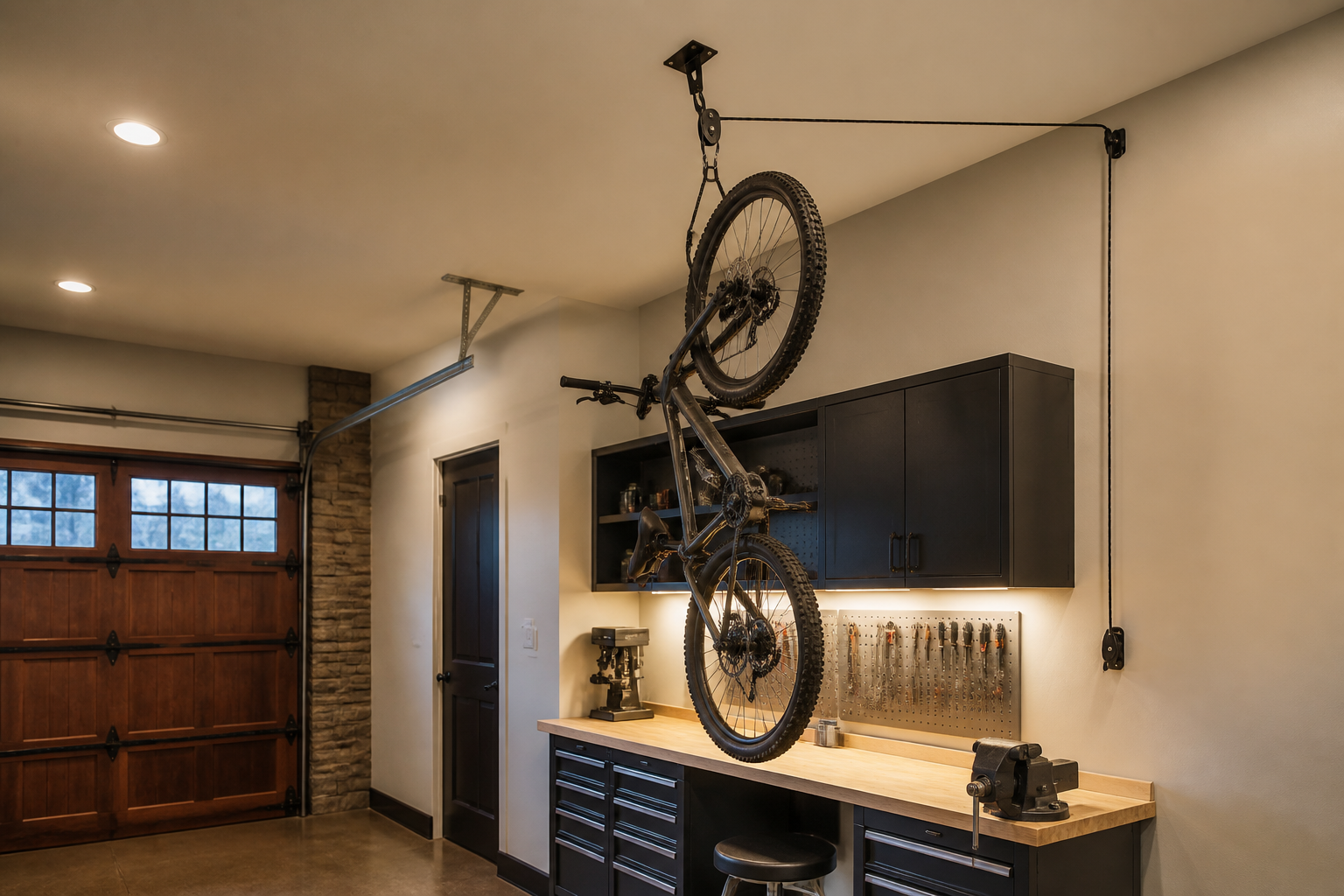 Mountain bike hanging vertically from simple rope pulley system attached to ceiling