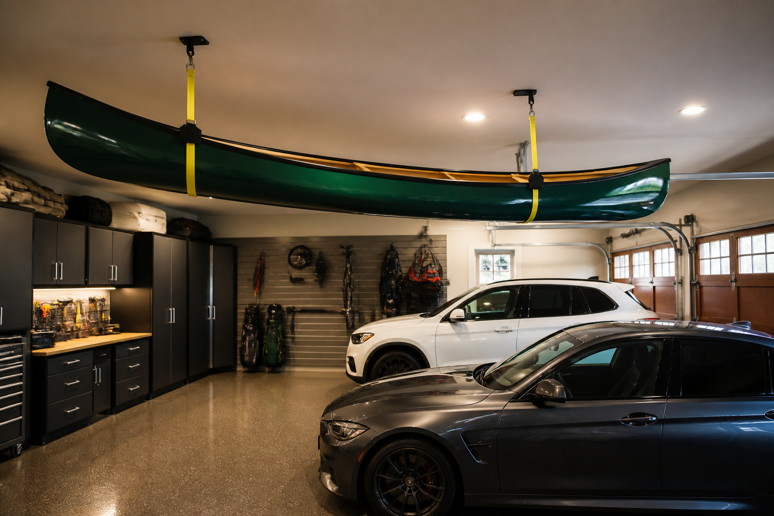Green canoe suspended from ceiling using wide strap hoist with two attachment points