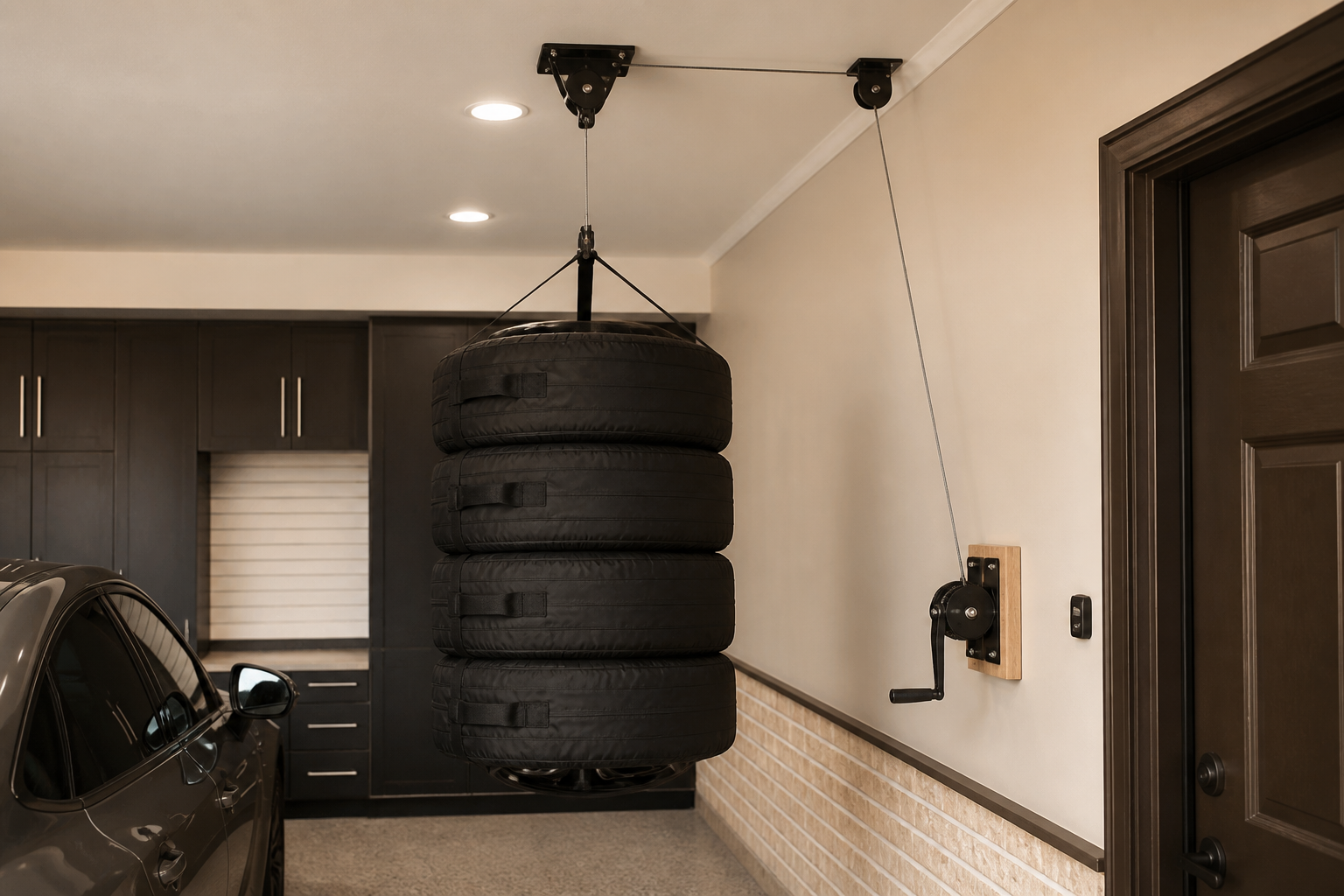 Four winter tires on wheels hanging from ceiling pulley hoist in protective tire bags