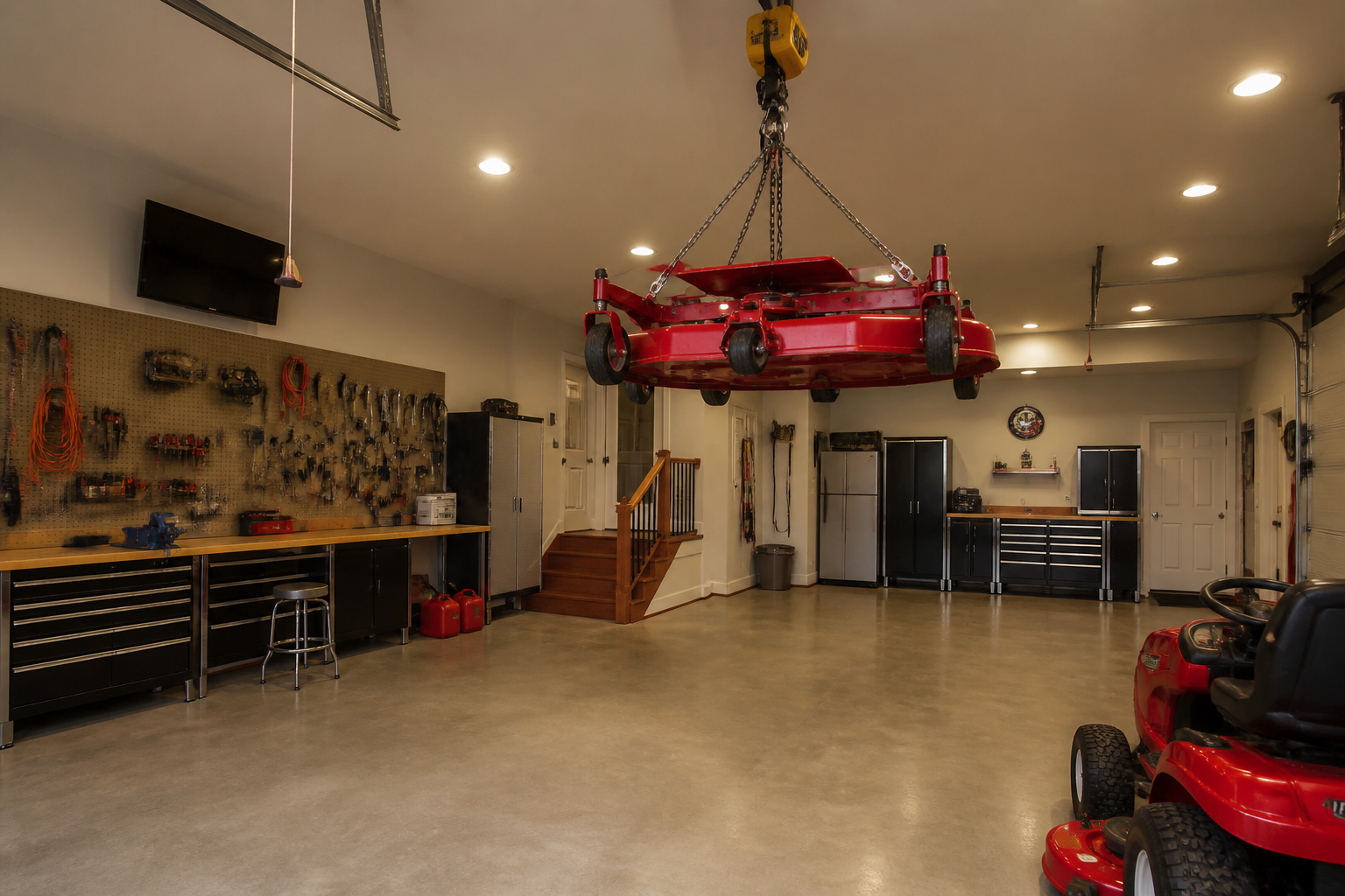 Red lawn tractor mower deck suspended from heavy-duty chain hoist in garage ceiling