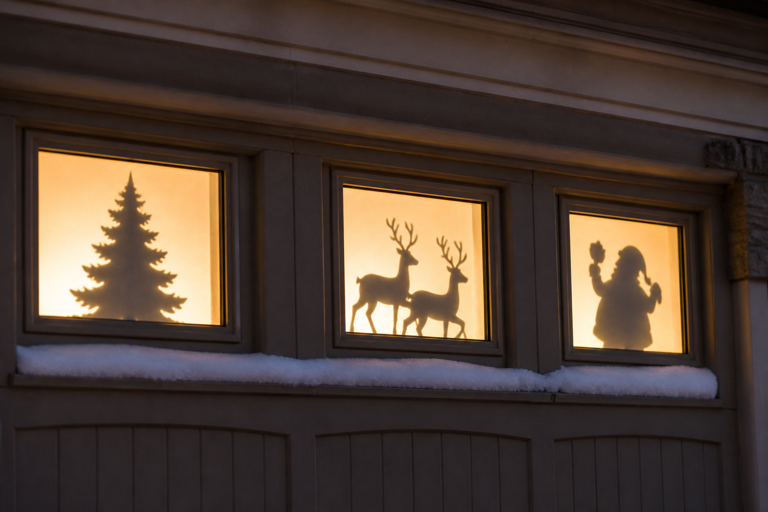 Garage door windows displaying backlit Christmas silhouettes of tree, reindeer, and Santa