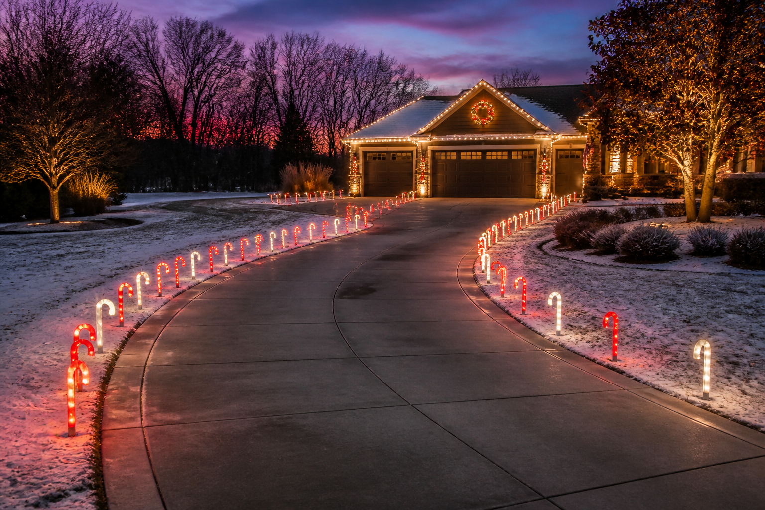 Driveway lined with illuminated candy cane pathway lights leading to decorated garage