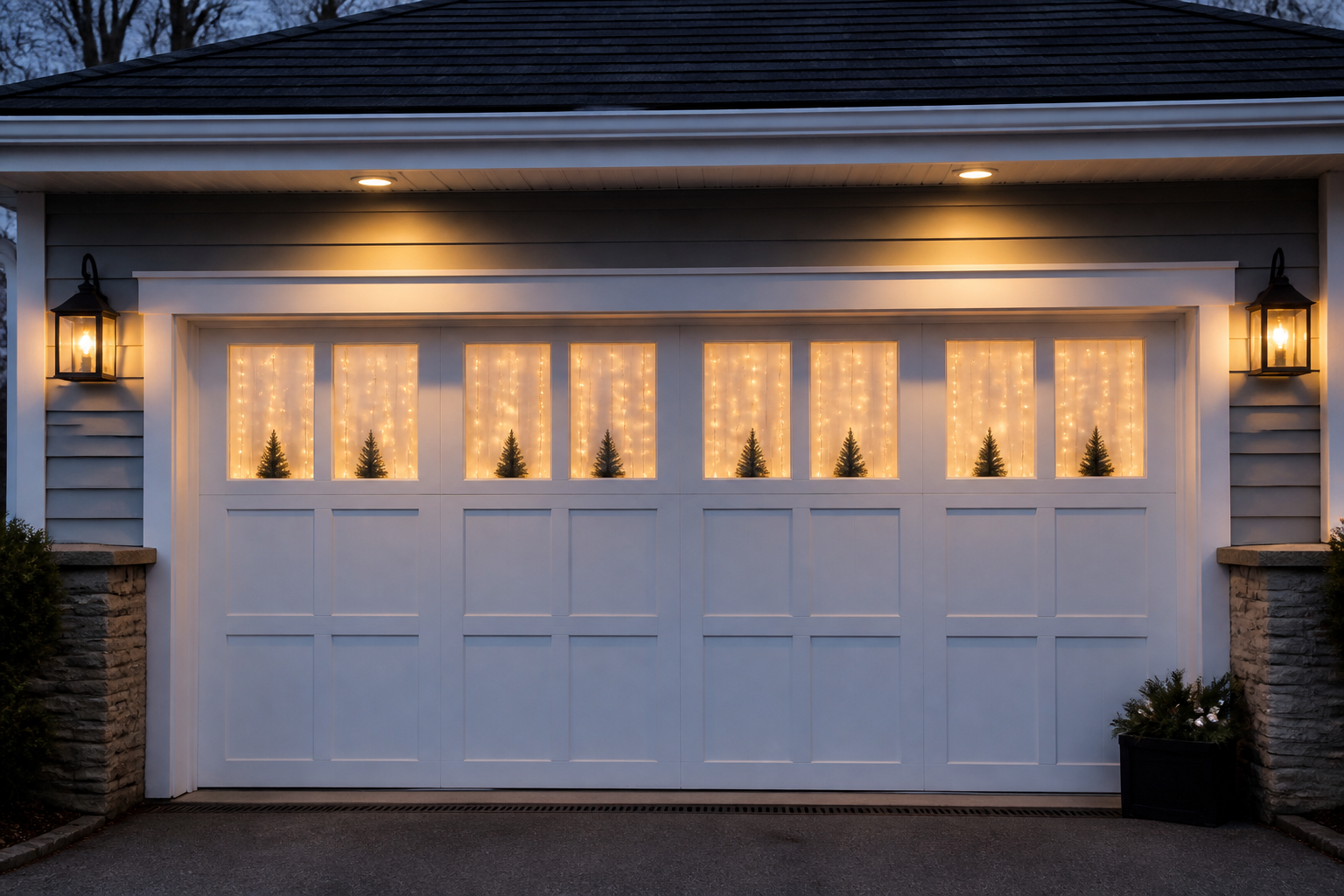 Garage windows with LED curtain lights and mini Christmas trees on interior sills