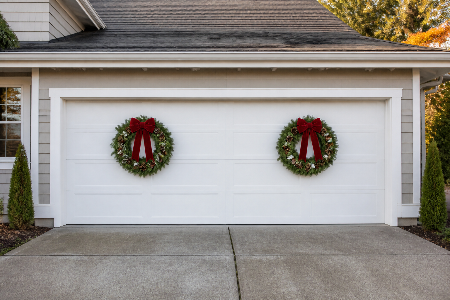 White garage door decorated with two matching pine Christmas wreaths with red bows