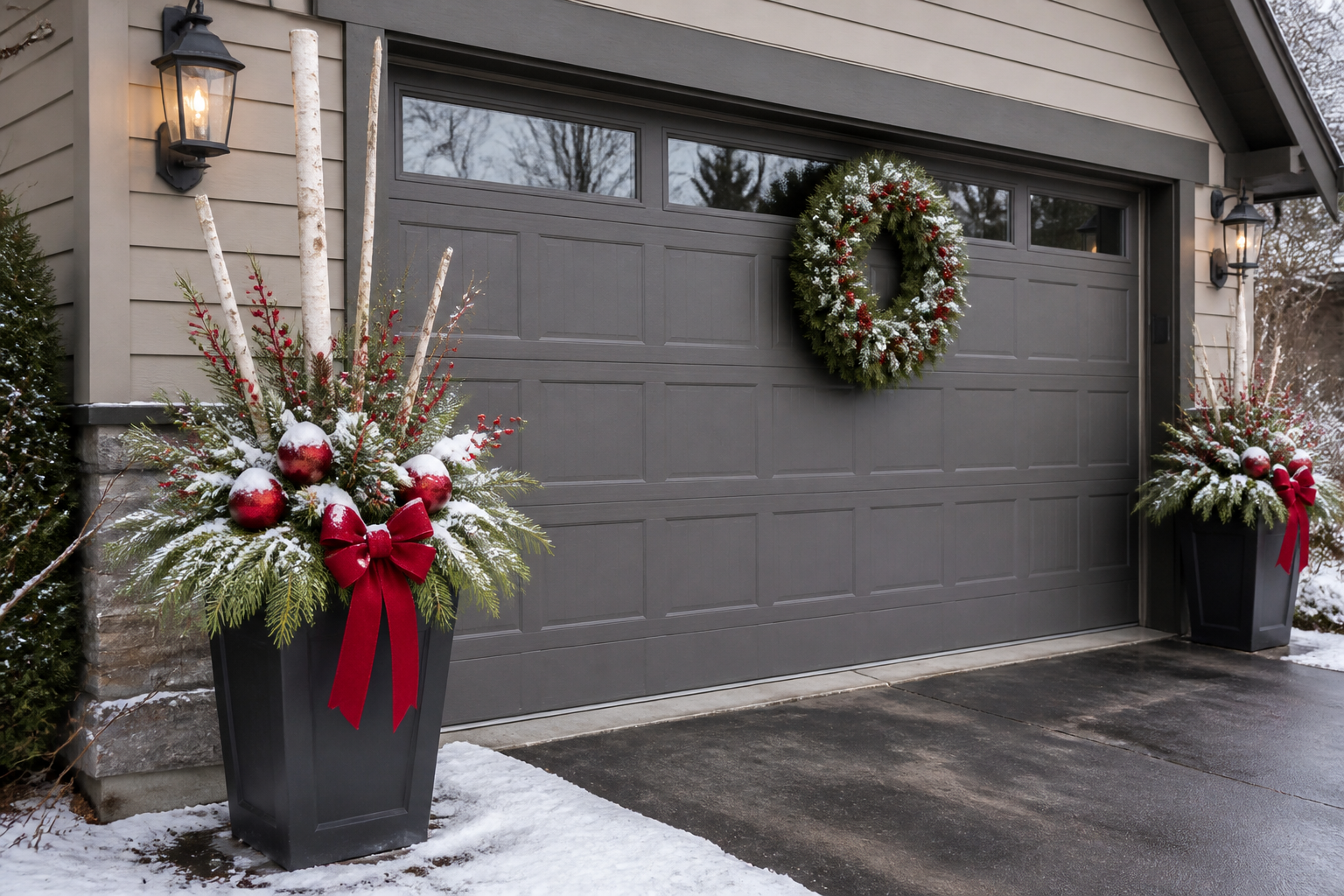 Matching holiday planters with evergreens and ornaments flanking decorated garage door
