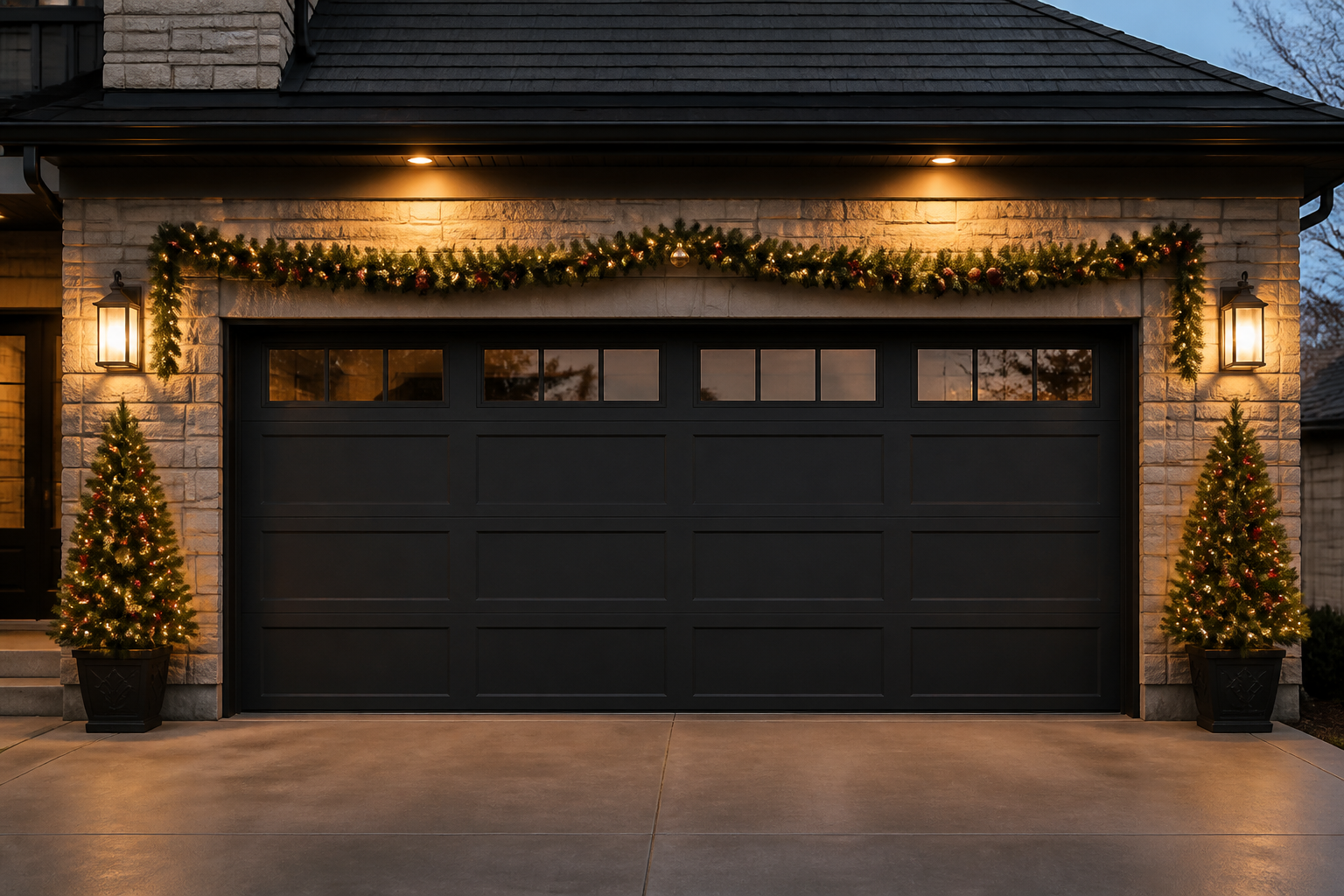 Small decorated Christmas trees flanking garage door with connecting garland above