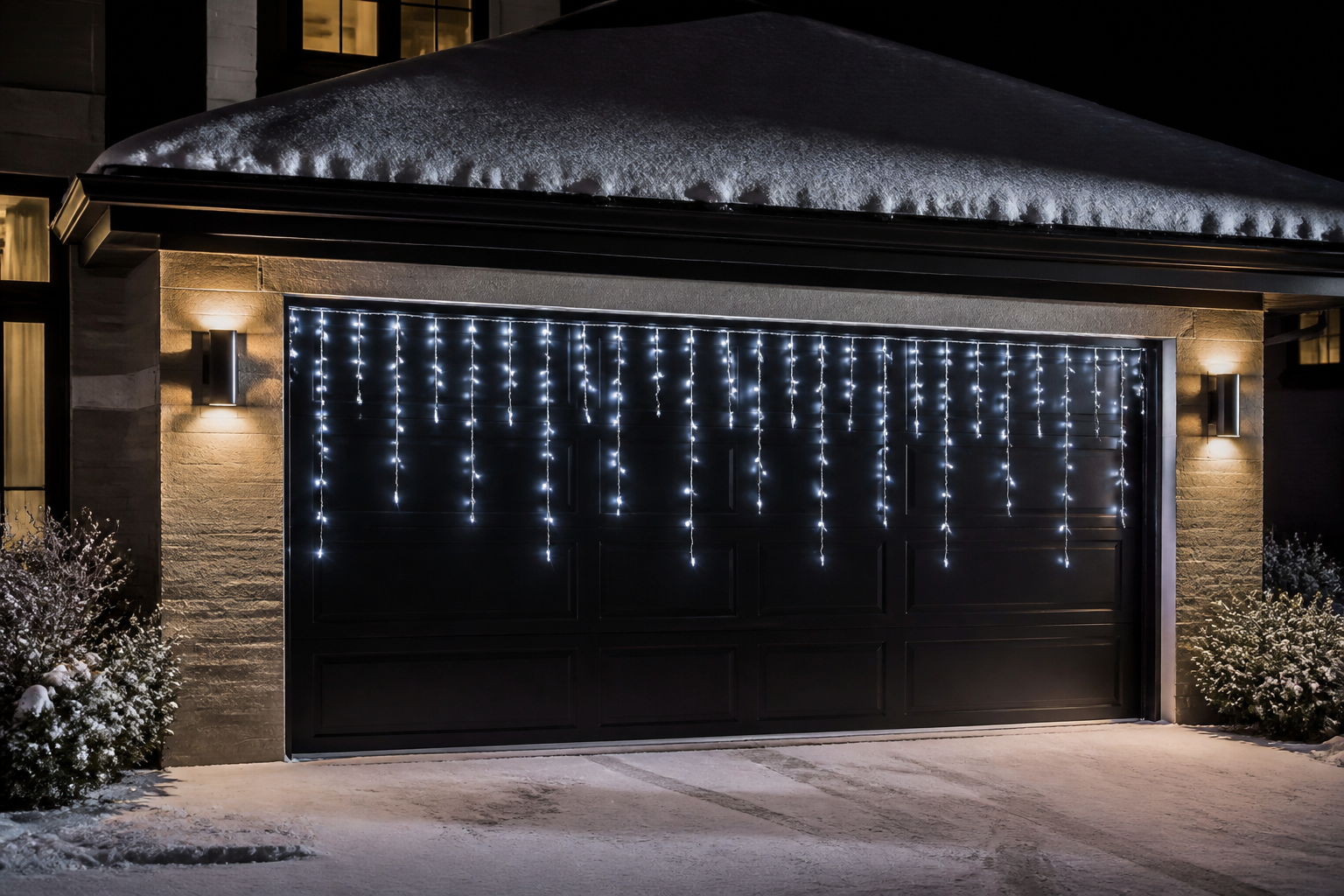 Icicle lights cascading down from garage door top trim creating winter effect