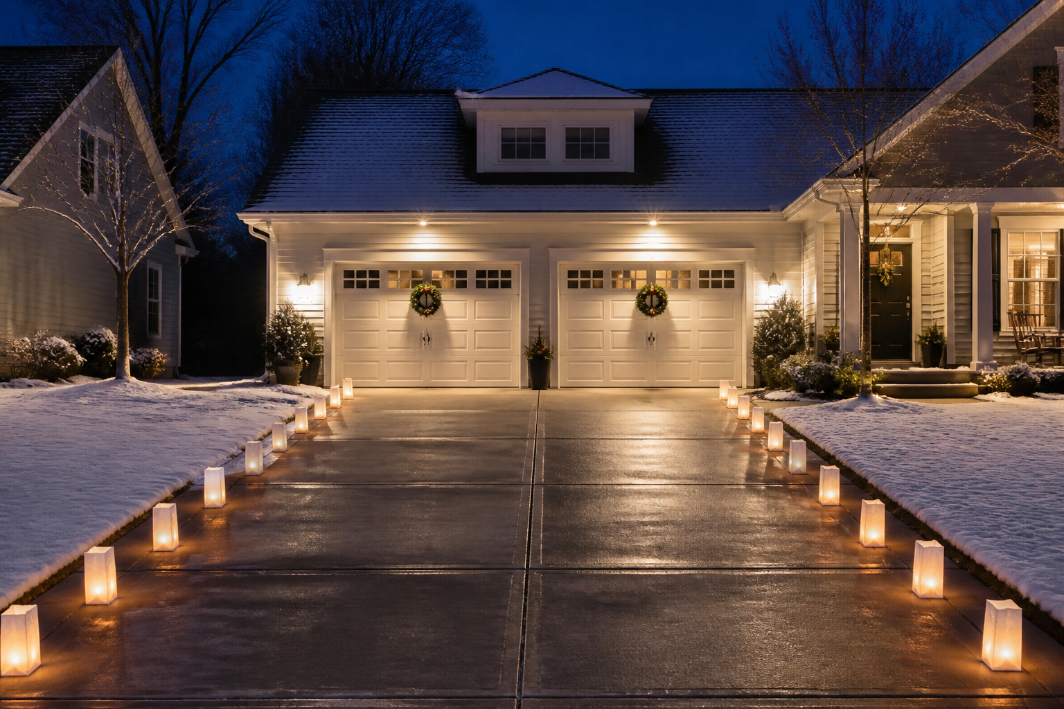 White luminaries lining both sides of driveway creating path to Christmas-decorated garage
