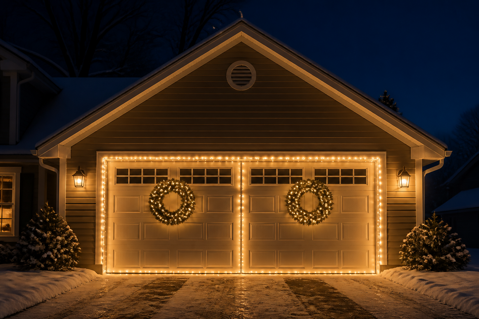 Garage door outlined with warm white LED lights creating glowing frame around door panels