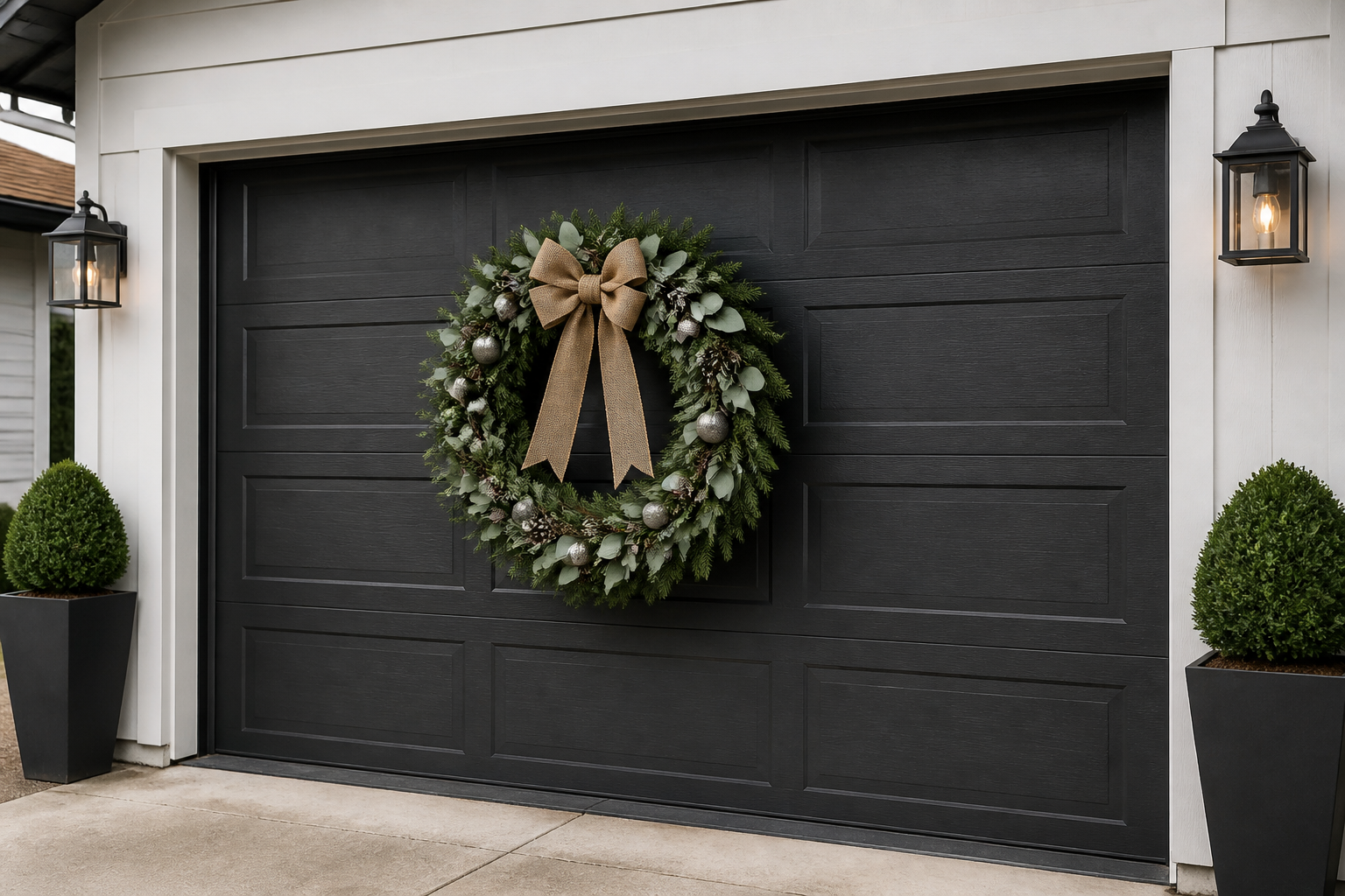 Oversized Christmas wreath with eucalyptus and silver ornaments on gray garage door