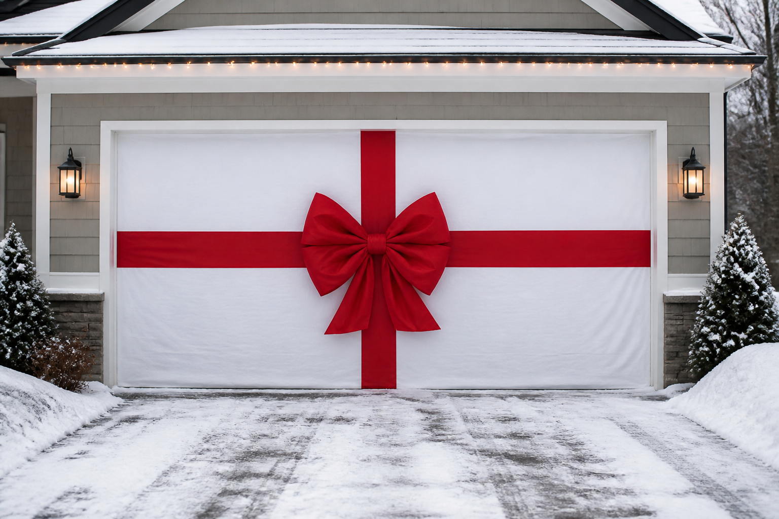 Garage door wrapped as giant Christmas present with red ribbon and bow