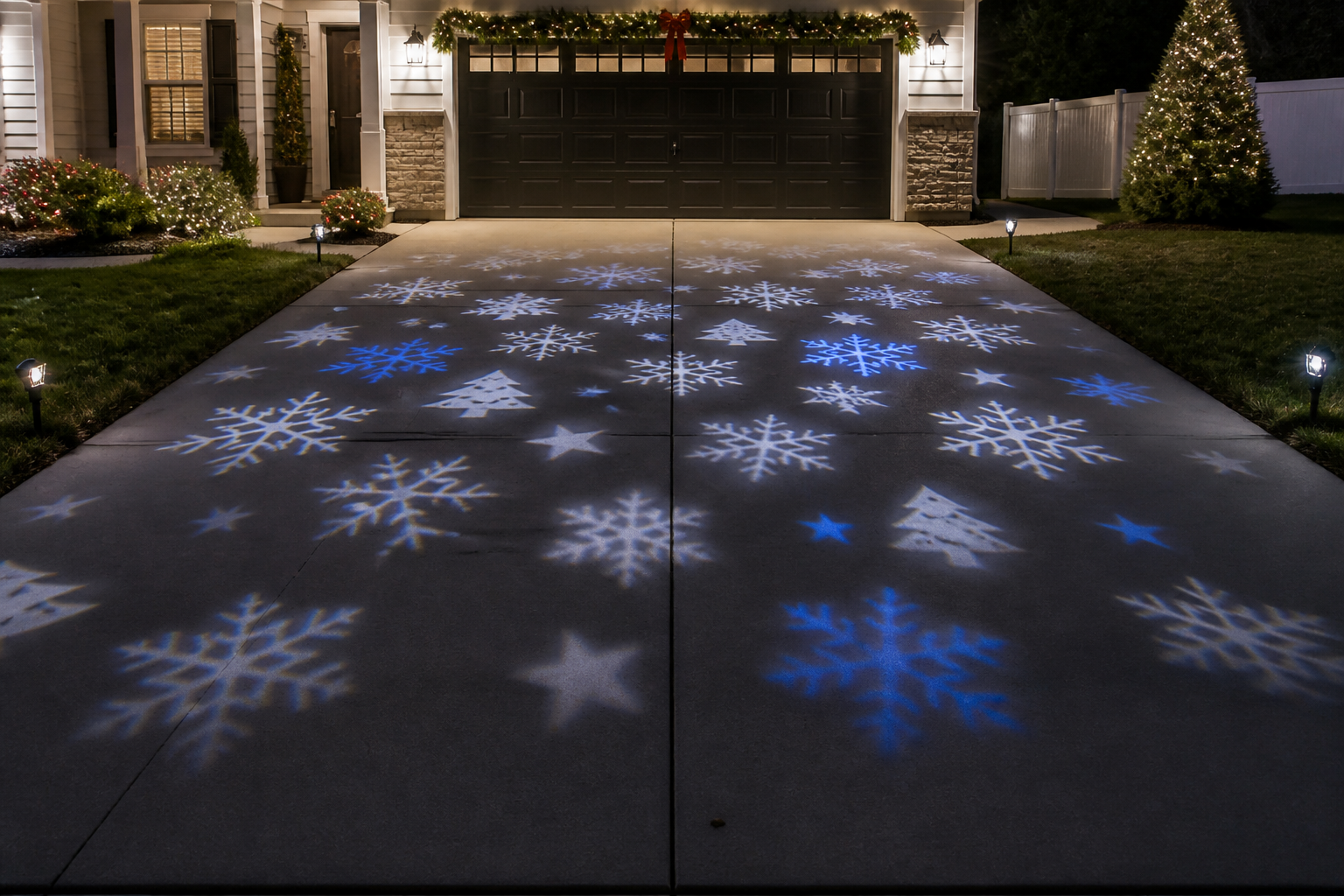 Driveway decorated with projected snowflake and star light patterns in blue and white