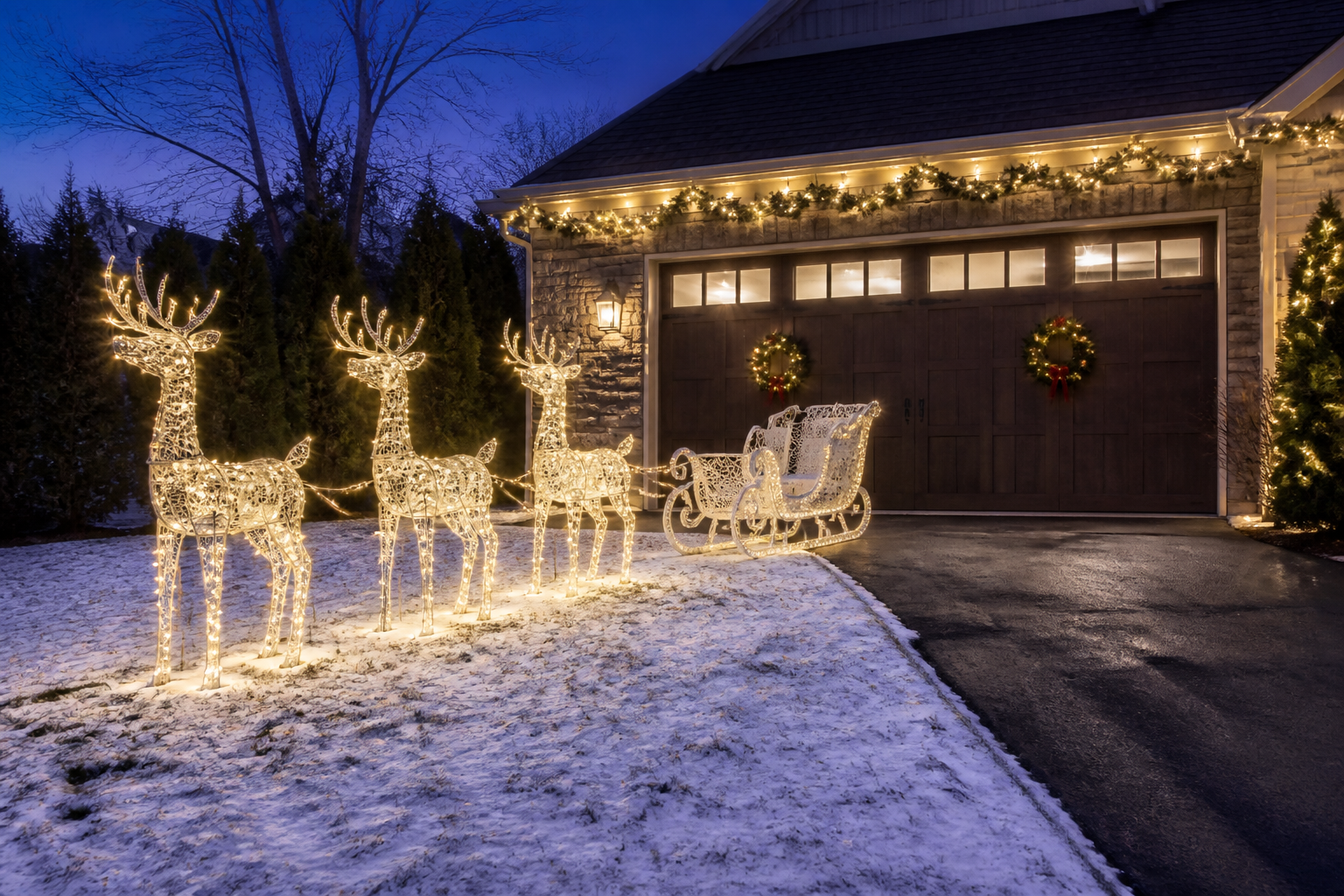 Illuminated reindeer figures with sleigh on lawn in front of Christmas-decorated garage