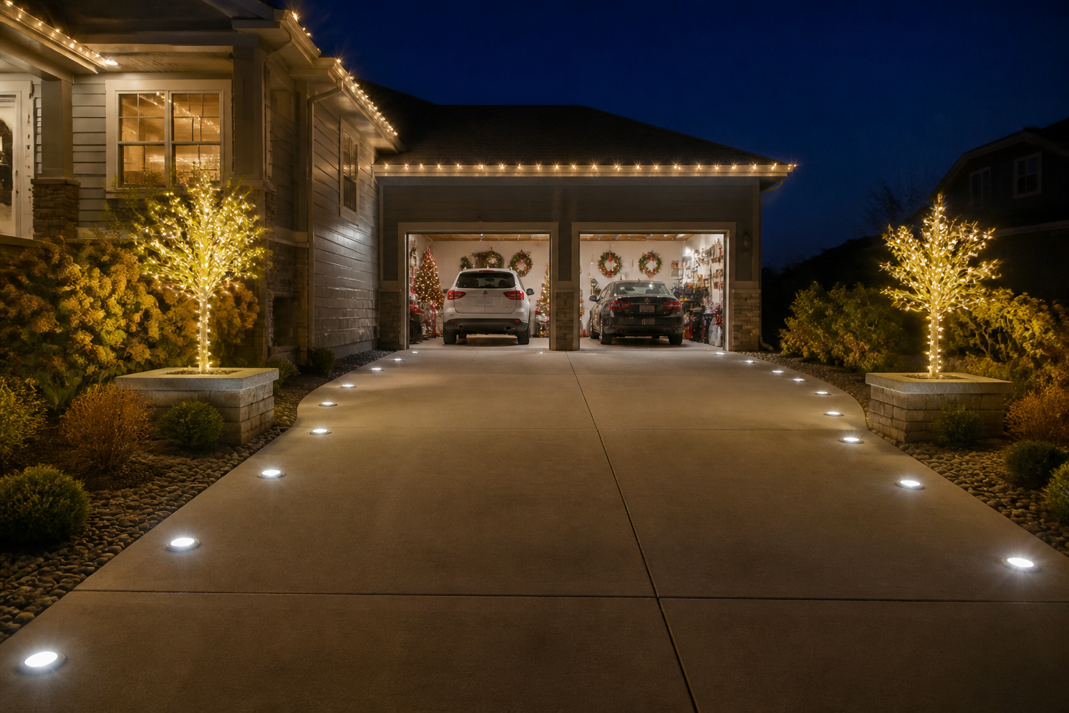 Solar disk lights embedded in driveway edges with lit trees flanking entrance to garage