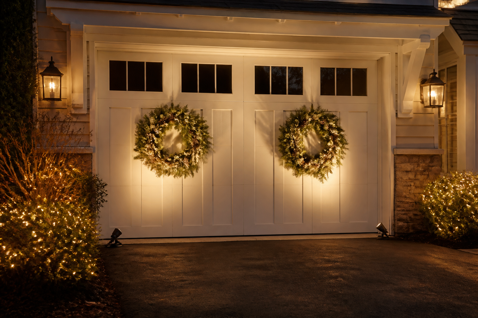 Garage door wreaths dramatically illuminated by ground-mounted uplighting spotlights