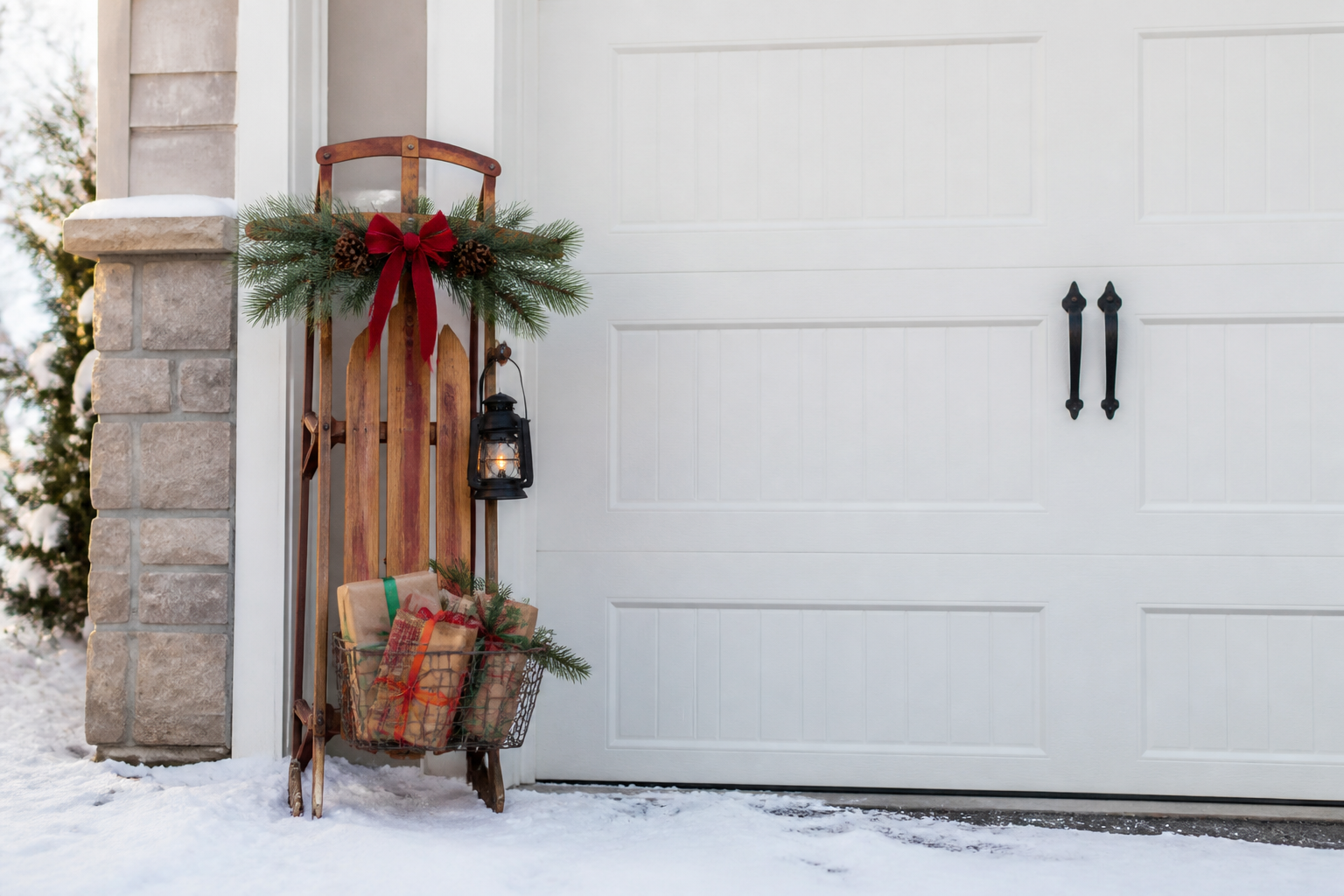 Vintage wooden sled with wrapped presents and evergreen garland beside garage door