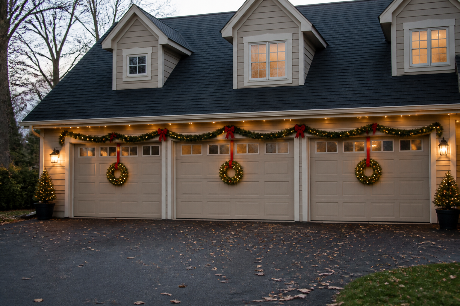 Three-car garage with small wreaths on windows and coordinating garland across door tops