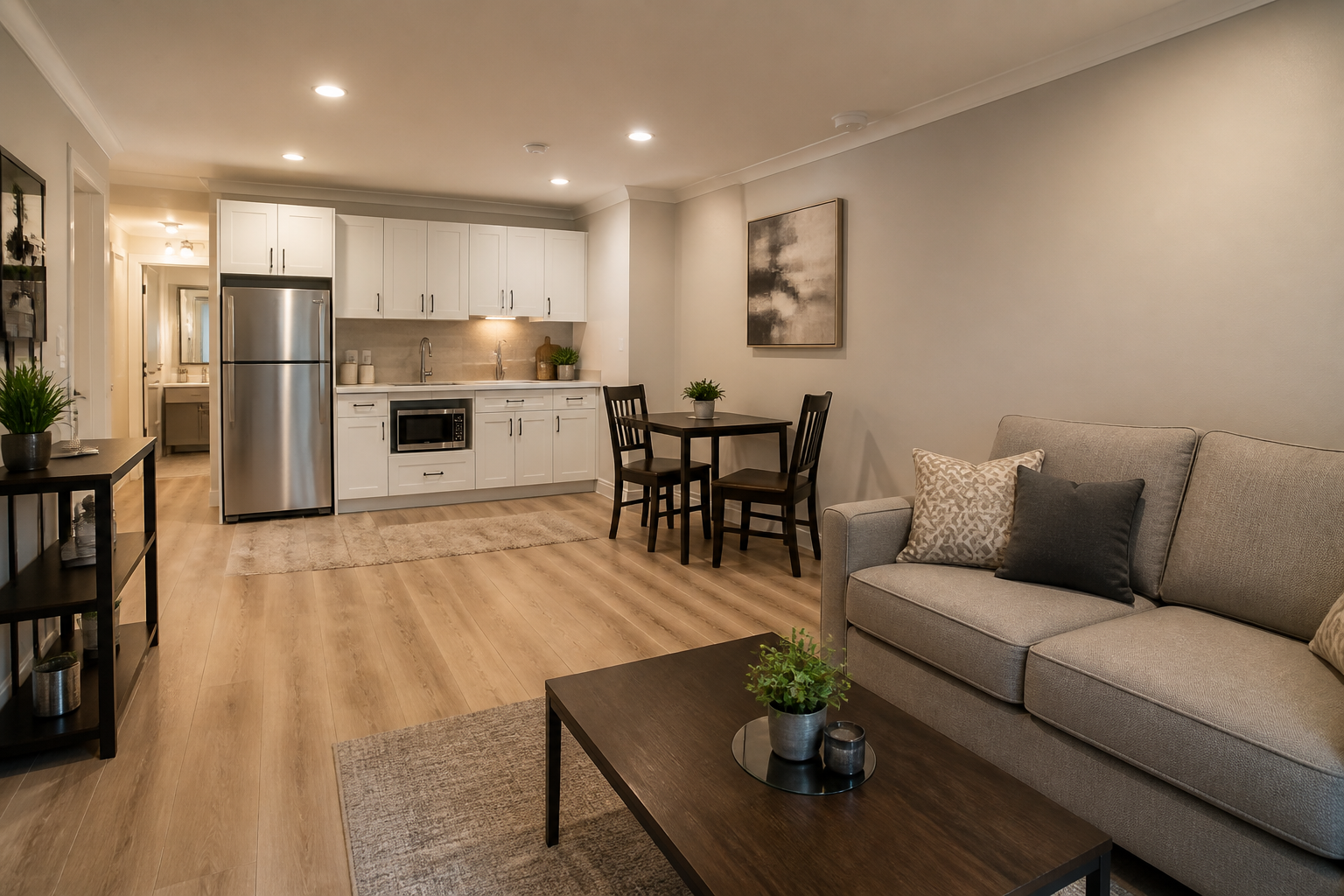 Garage converted to studio apartment with kitchenette and small living area