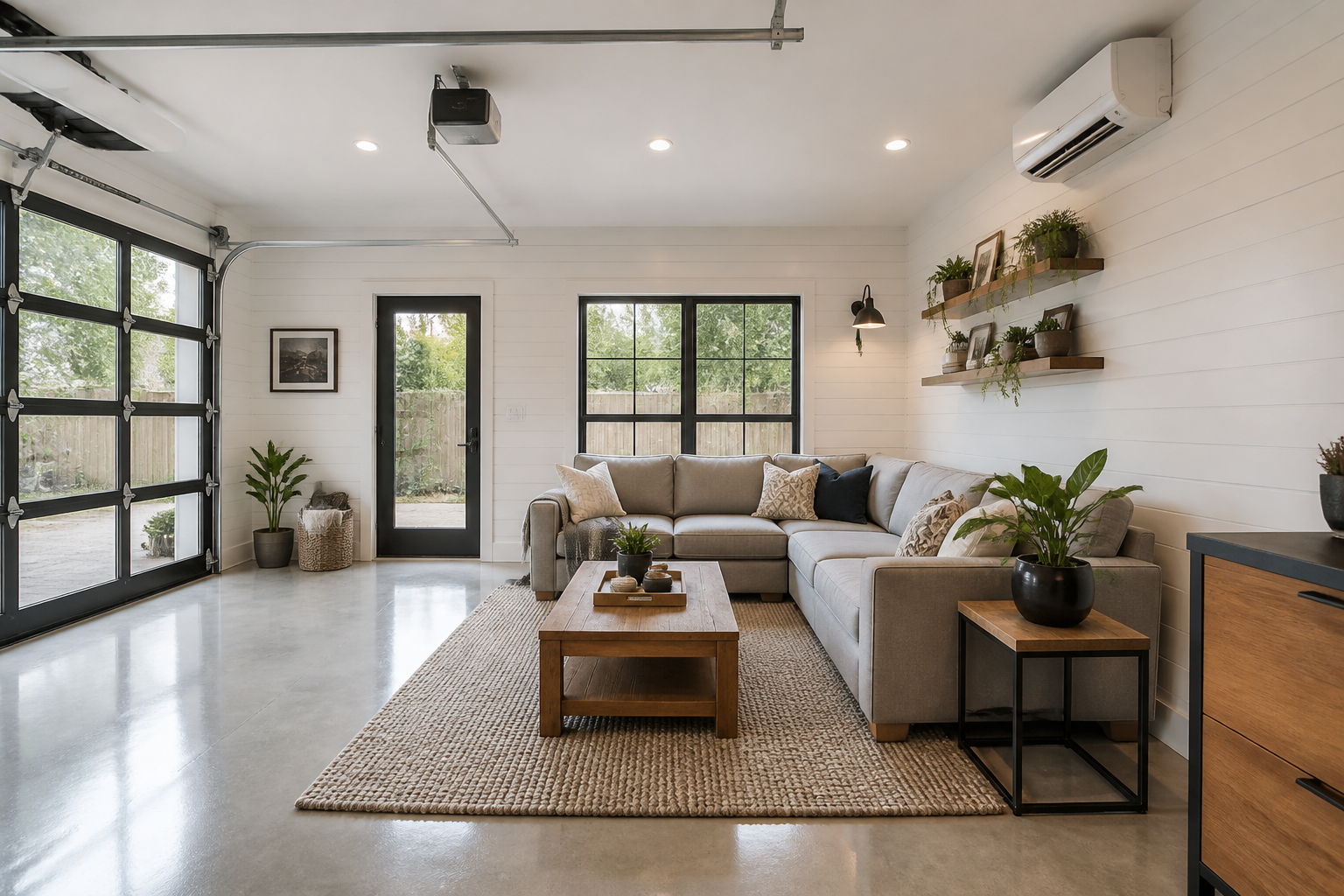 Garage converted to bright living room with white walls and gray sectional sofa