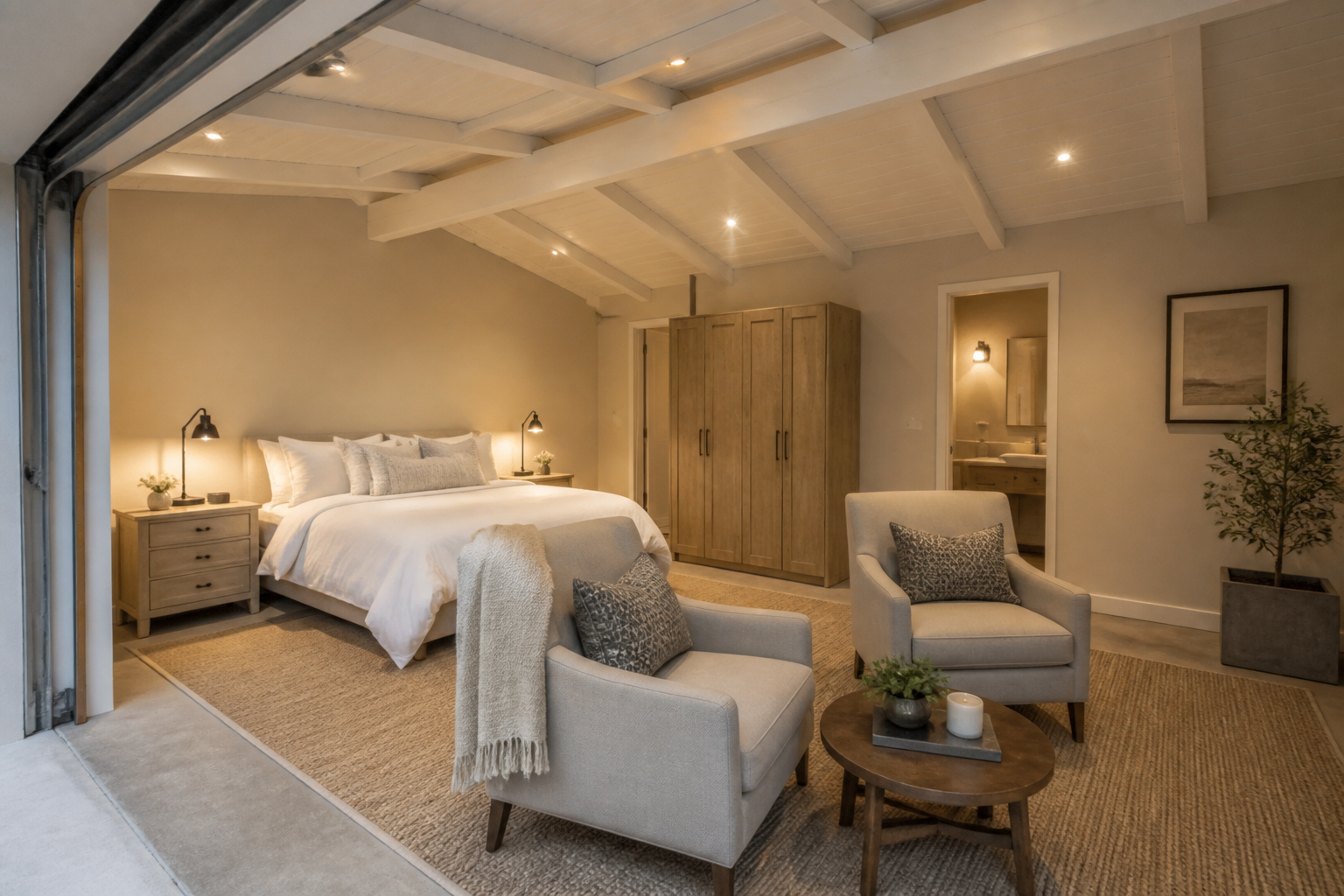 Garage conversion guest bedroom with beige walls and white linens on queen bed