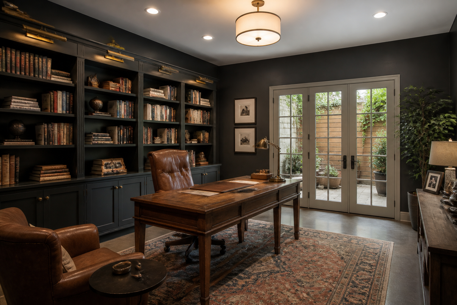 Garage conversion home office with dark gray walls and built-in bookshelves