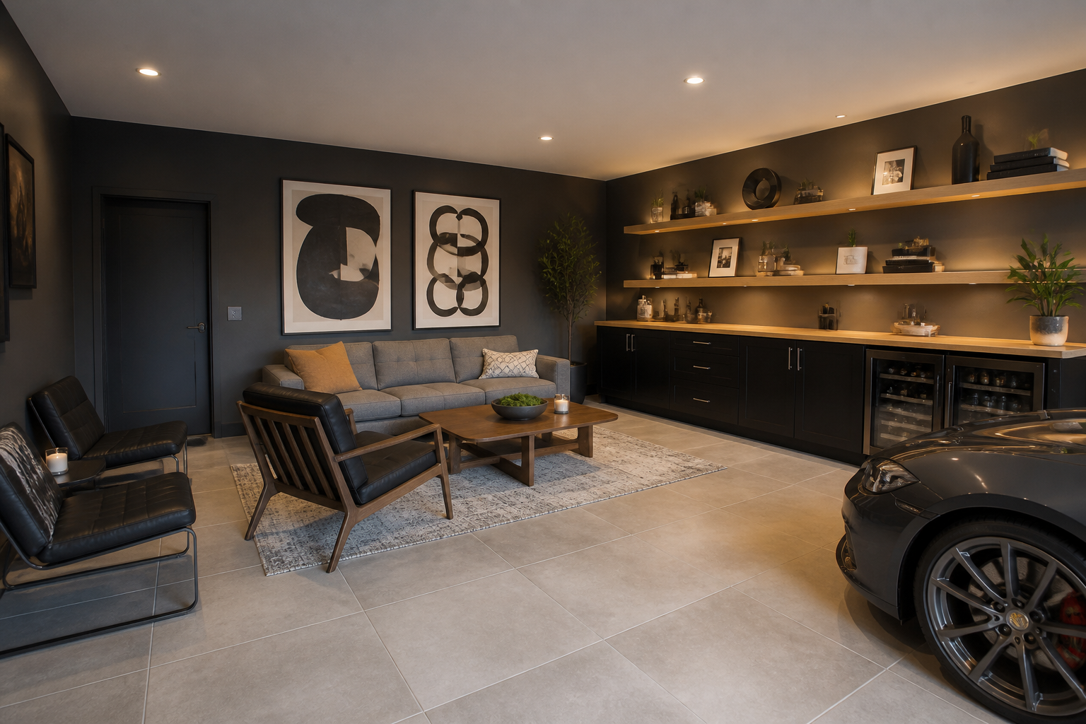 Contemporary garage conversion with charcoal walls, oak shelves, and modern furniture