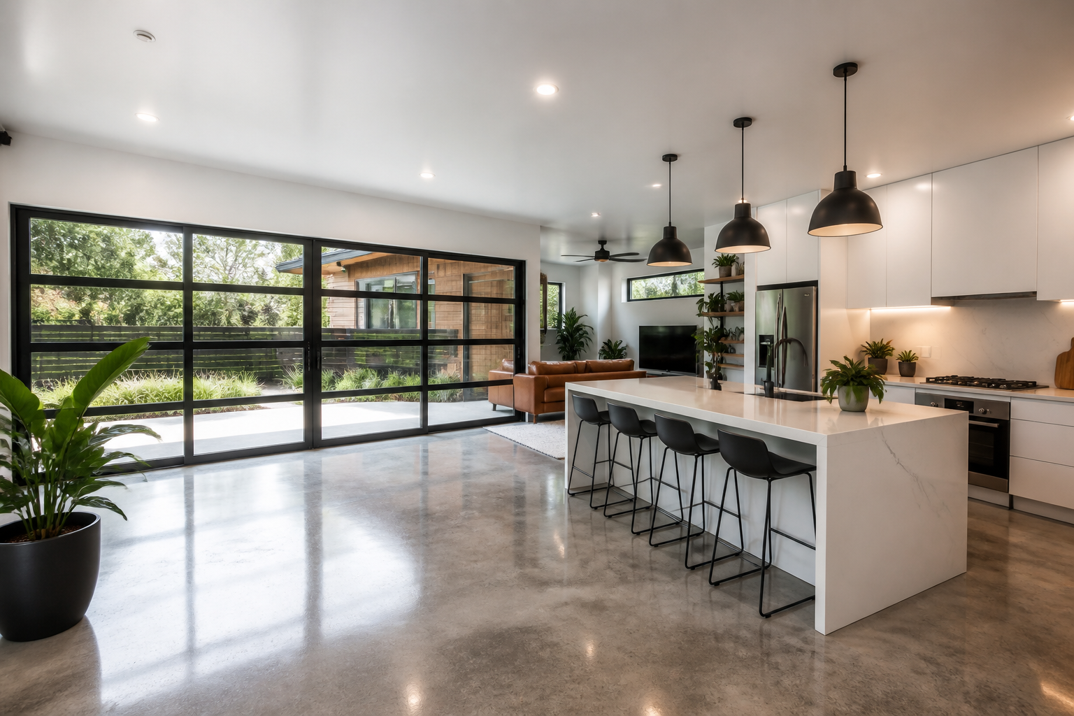 Modern garage conversion with glass doors, white minimalist kitchen, and concrete floors