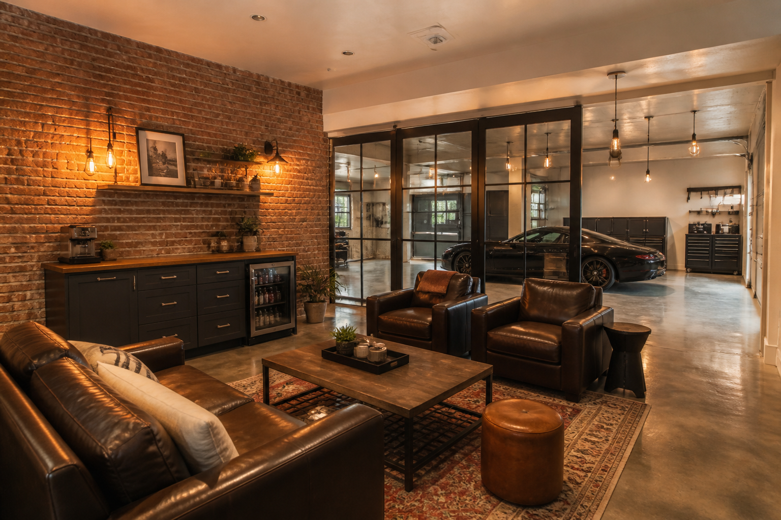 Industrial garage conversion with exposed brick wall and metal-framed glass partition