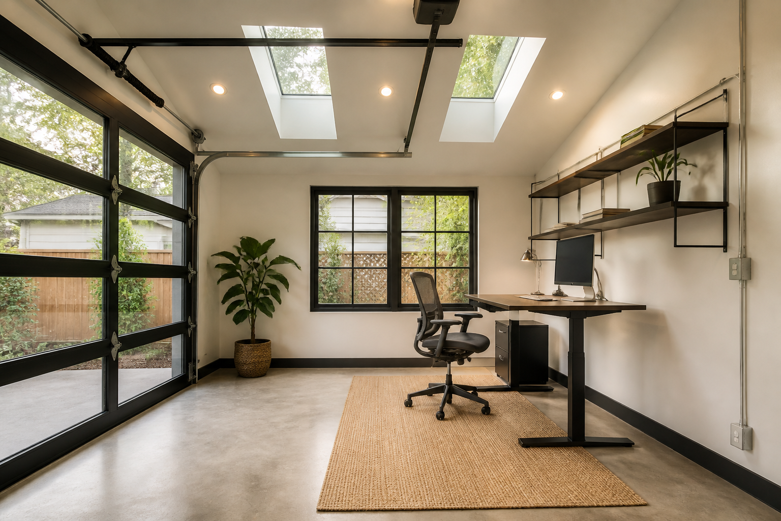 Minimalist garage conversion office with skylights, standing desk, and black window frames