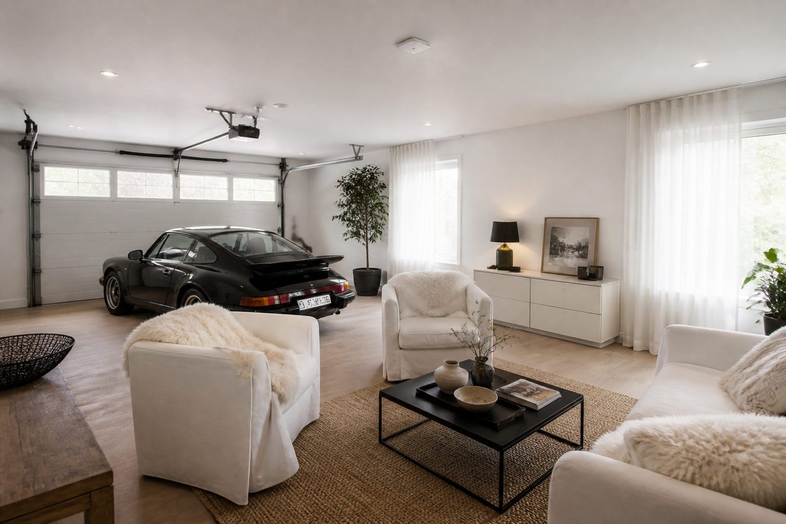 Scandinavian garage conversion with white walls, light wood floors, and minimal decor