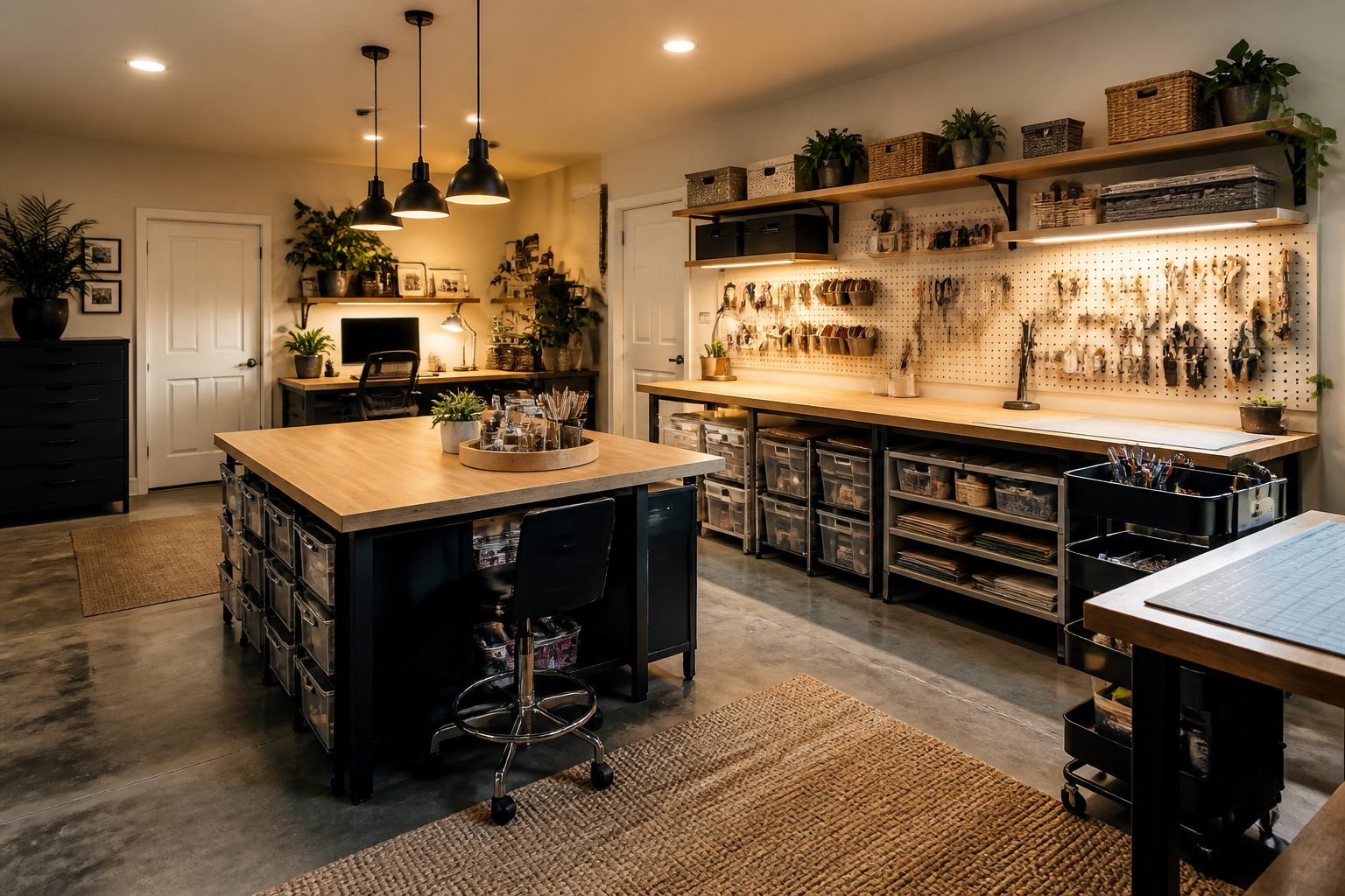 Garage converted to craft room and office with pegboard storage and workspace tables