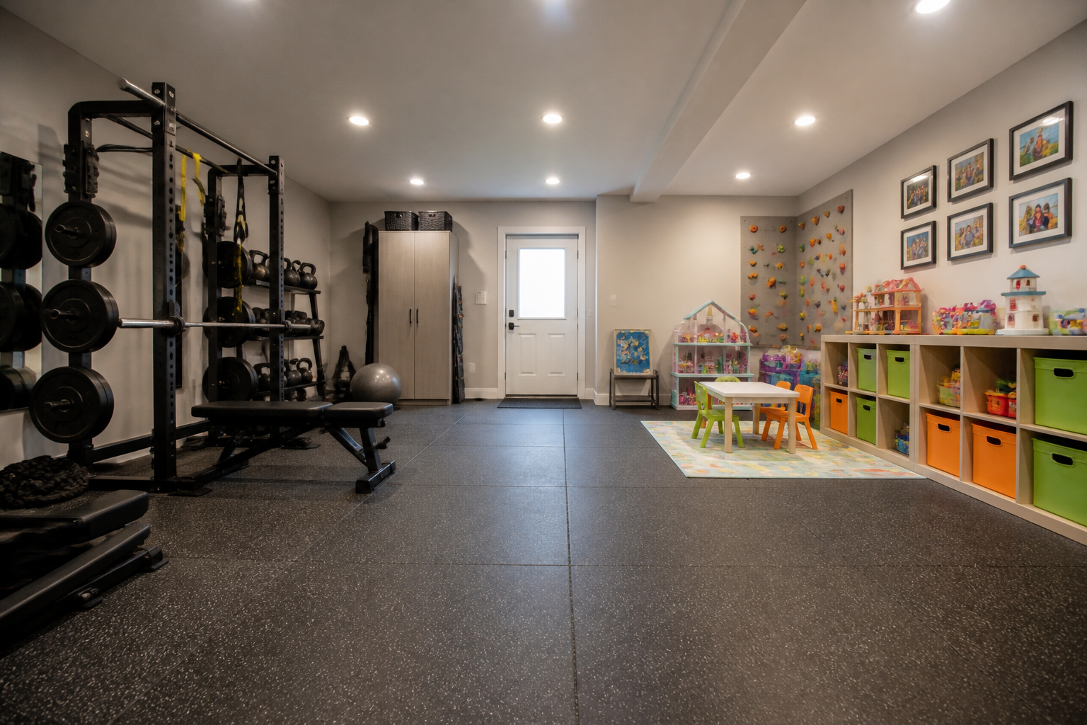 Garage conversion combining home gym equipment and children's playroom with toy storage
