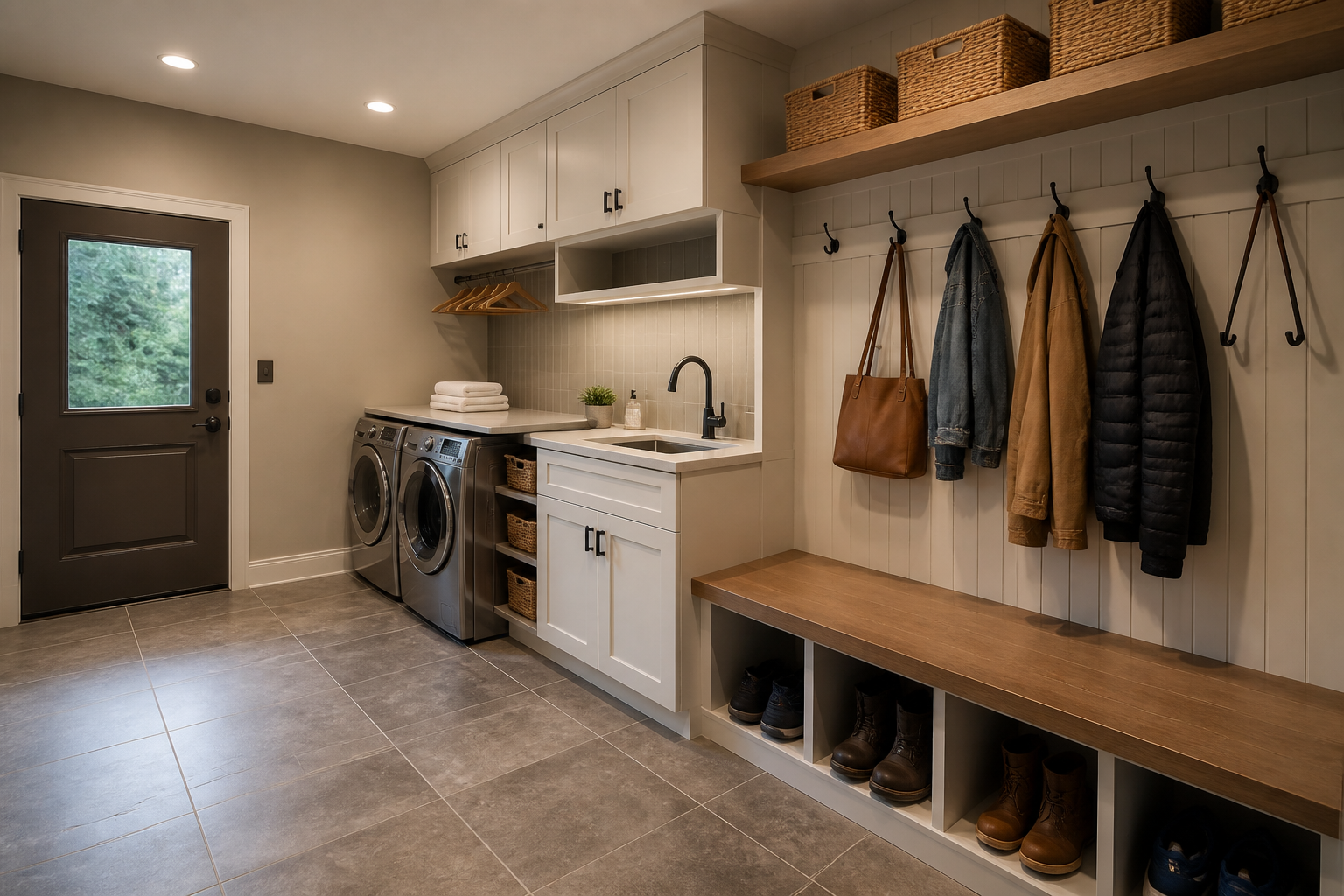 Garage conversion with laundry area and mudroom featuring bench and storage cubbies
