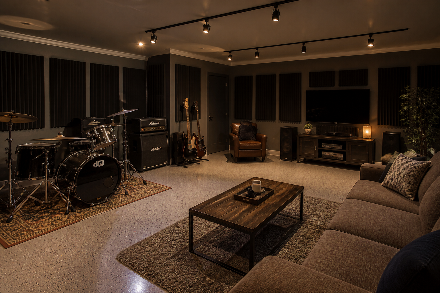 Garage conversion music room with drums and acoustic panels plus entertainment area