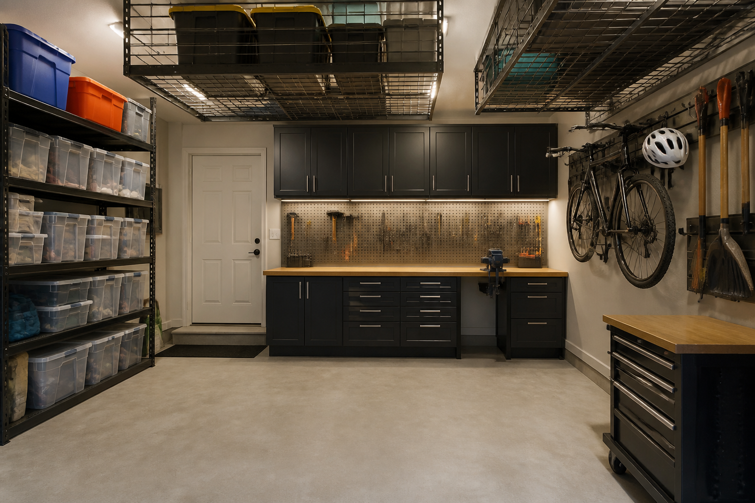 Garage conversion workshop with pegboard tools and overhead storage racks