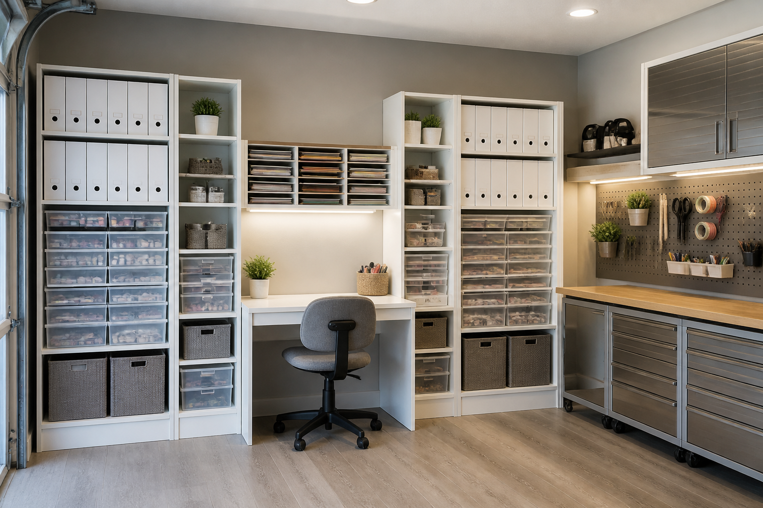 Garage craft wall with bookcase storage, desk workspace, and pegboard tools section