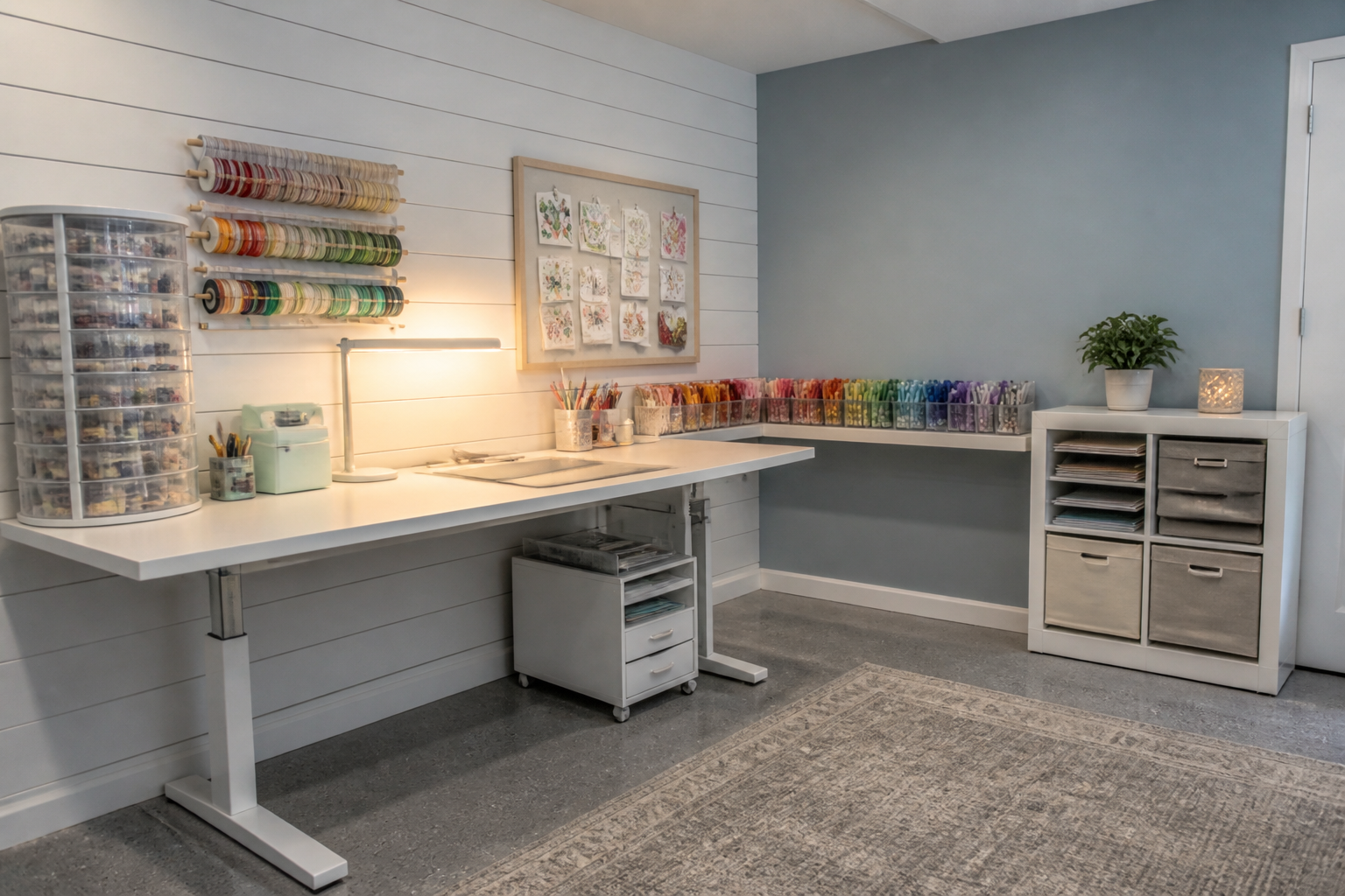 Card making station in garage with stamp tower and ribbon storage organization