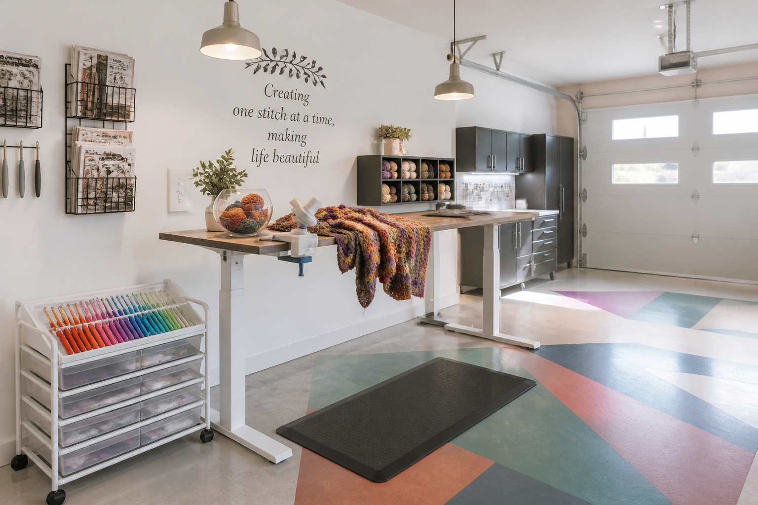 Standing crochet desk in garage with yarn winder and organized hook storage cart