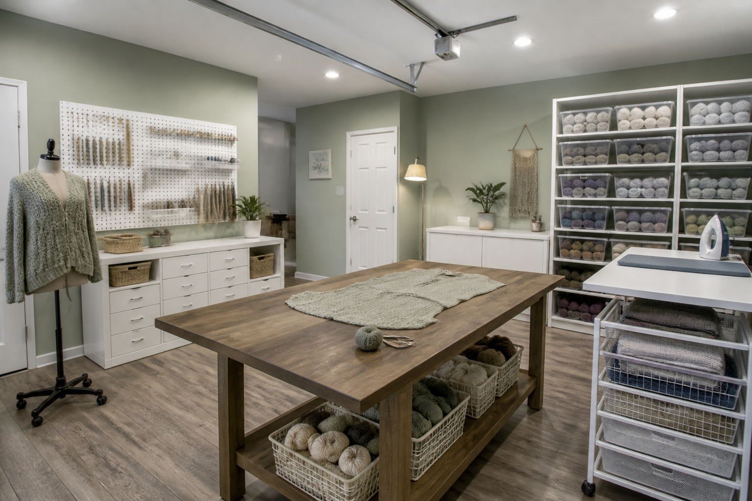 Garage fiber arts studio with farmhouse blocking table and pegboard tool storage