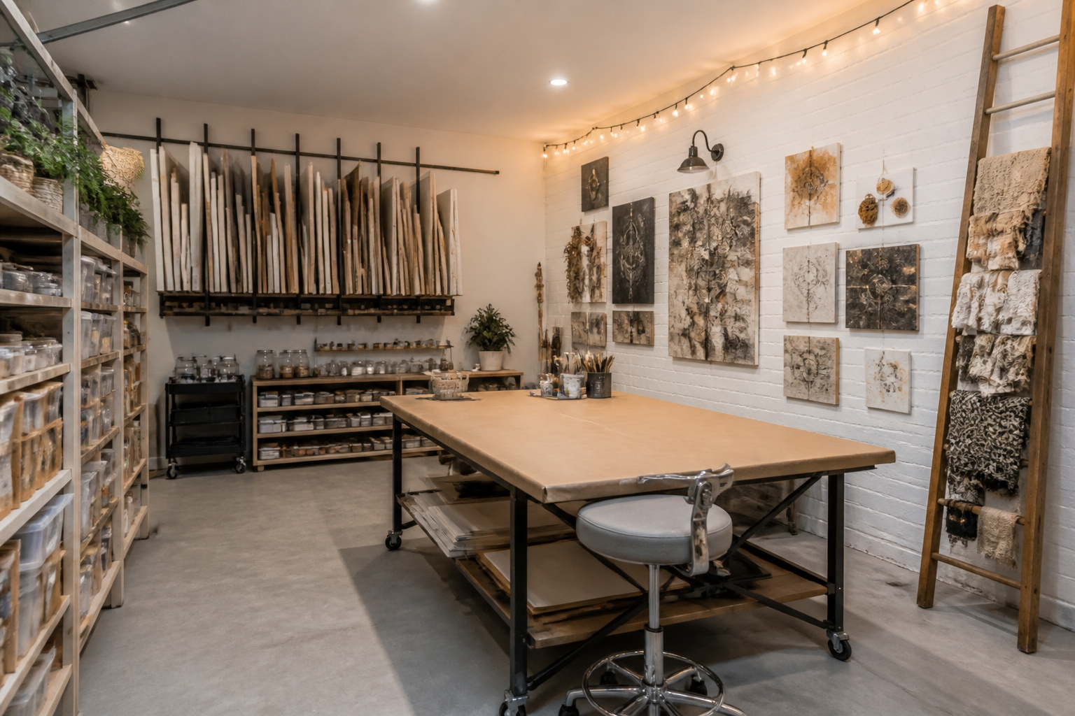 Mixed media garage art room with supply shelves and wall-mounted canvas drying rack