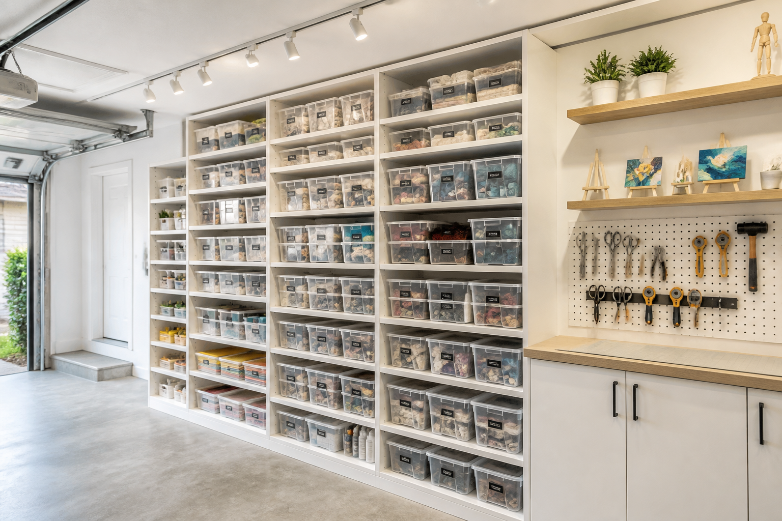 Floor-to-ceiling modular craft storage wall with pegboard and labeled clear bins